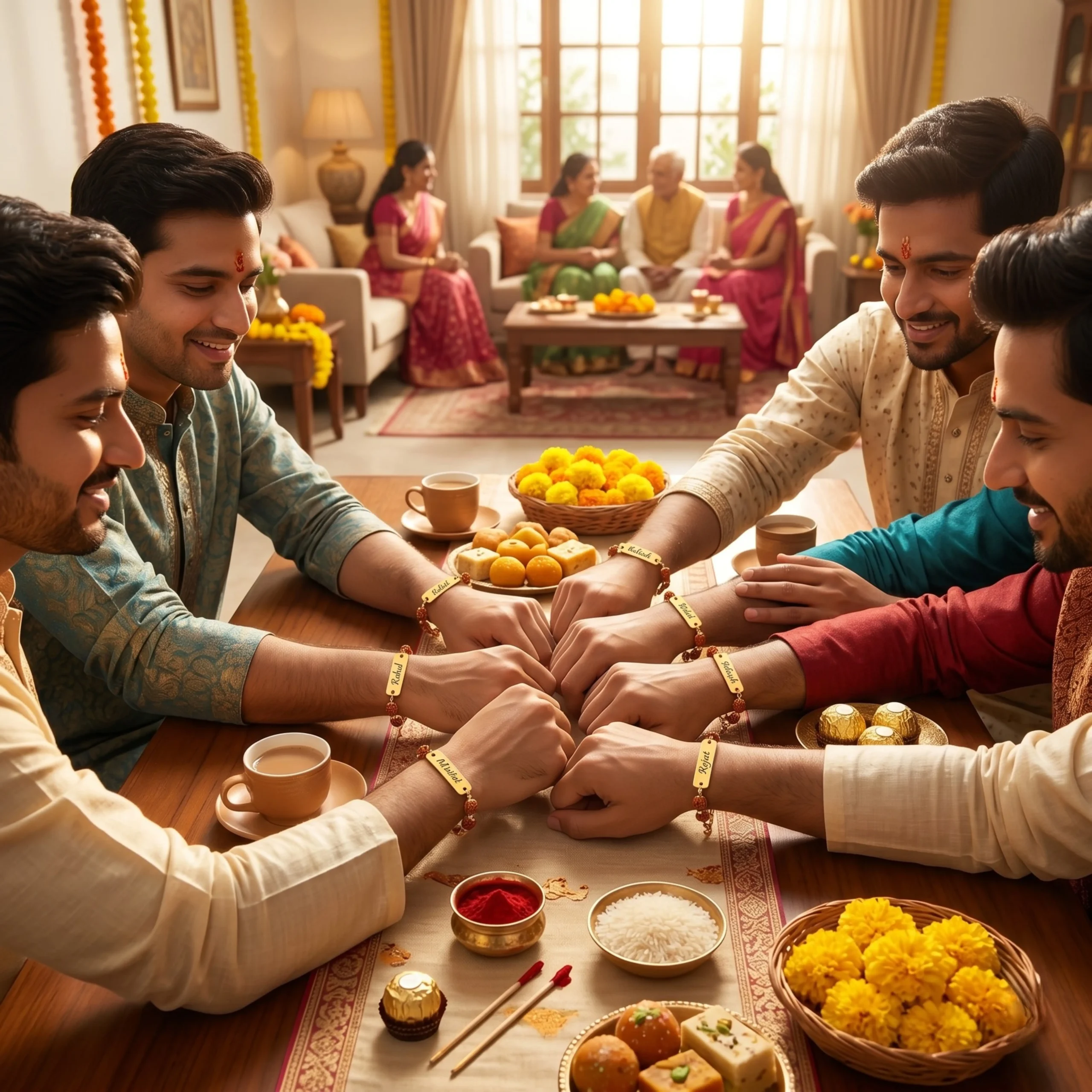 Personalized Rudraksha rakhi bracelets worn by brothers during Raksha Bandhan family celebration