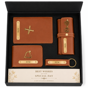 Personalized tan mens gift combo with customized wallet passport cover keychain and organizer