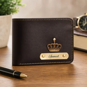 Black personalized leather wallet for men with crown charm and engraved name plate custom wallet gift design