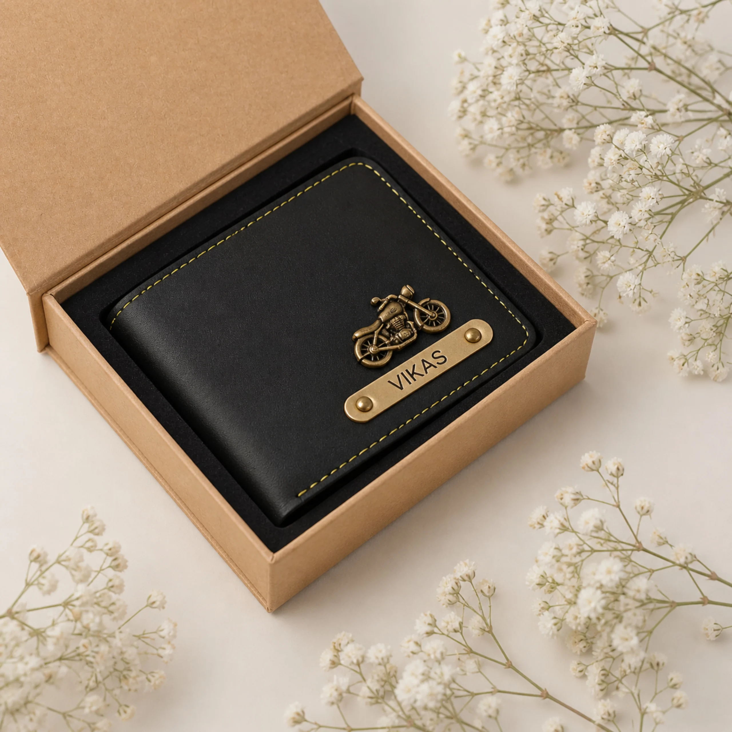 Black personalized leather wallet for men in premium gift box with custom engraved name plate and bike charm