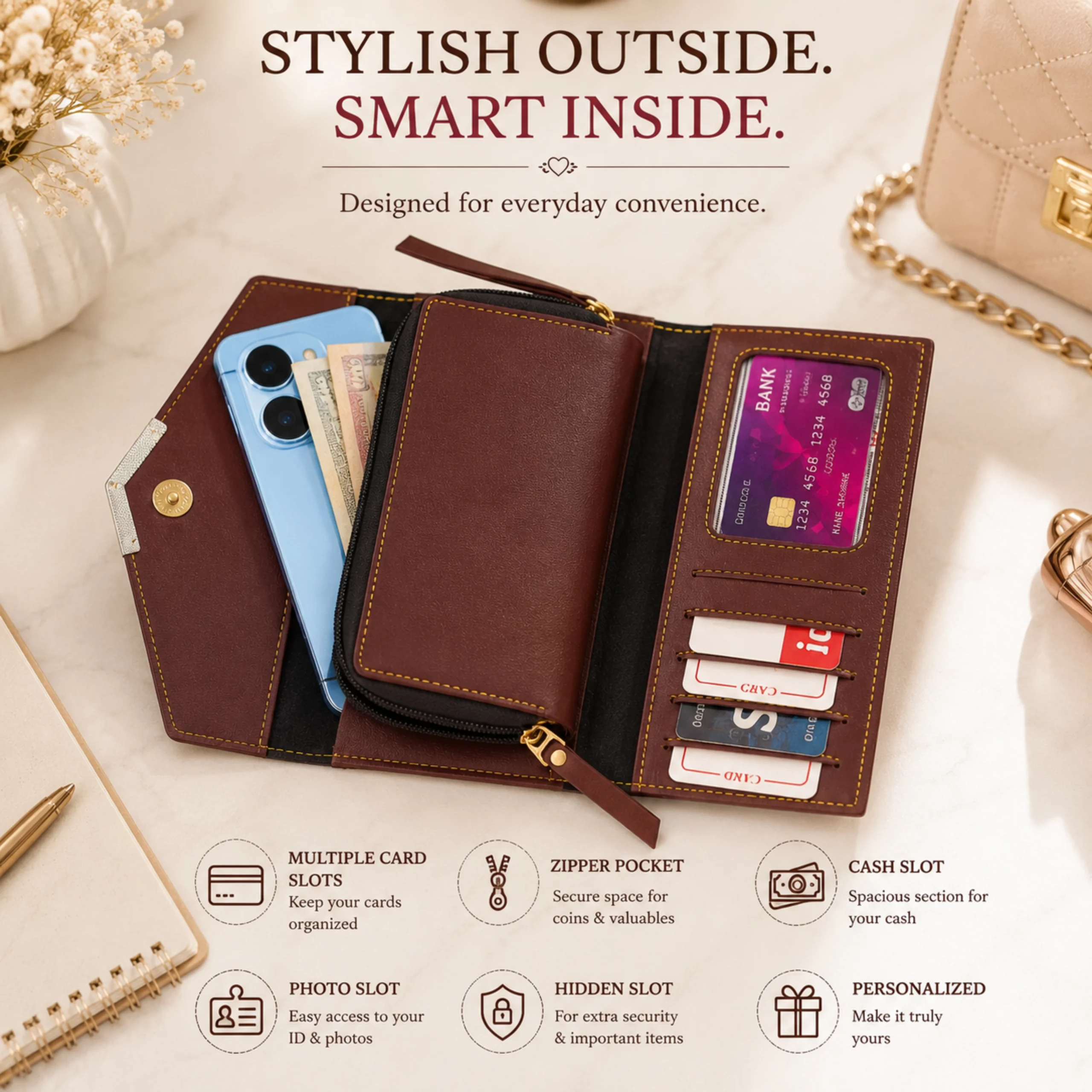 Inside view of a personalized women’s clutch wallet with card slots, zipper pocket, cash compartment and mobile storage