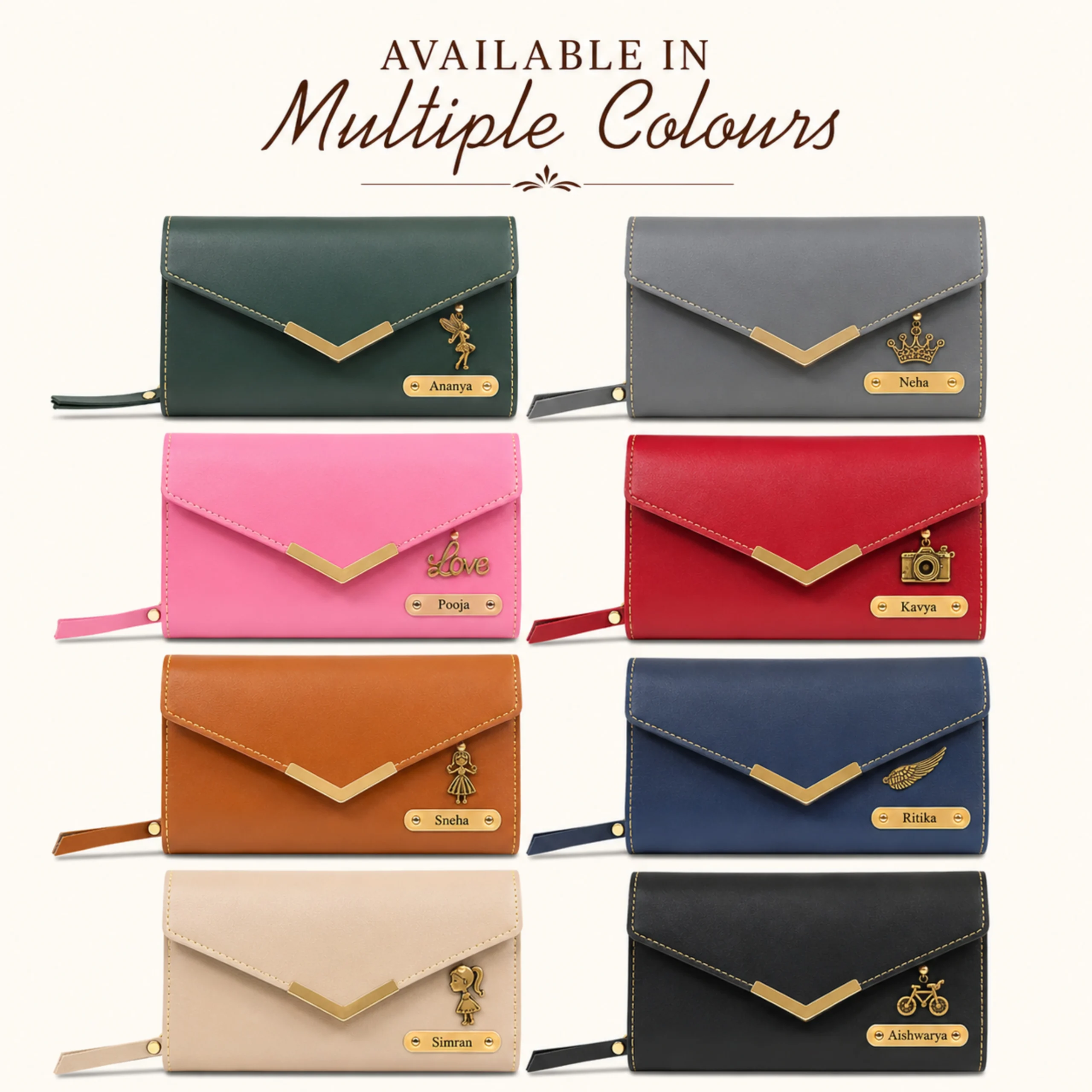 Customized women’s clutch wallets available in multiple colours with personalized name plates and unique charms