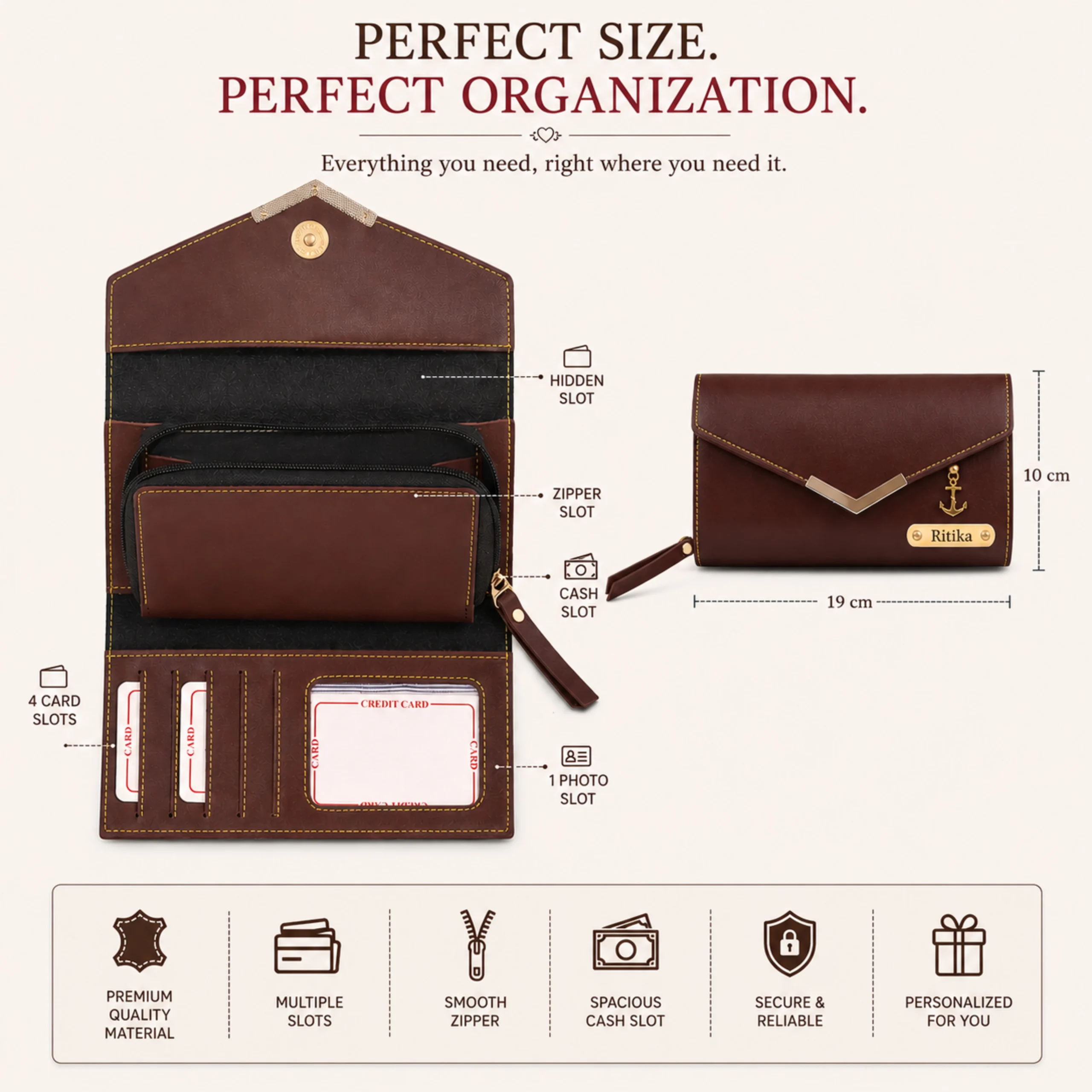 Personalized women’s clutch wallet showing size dimensions, card slots, zipper pocket and organized storage compartments