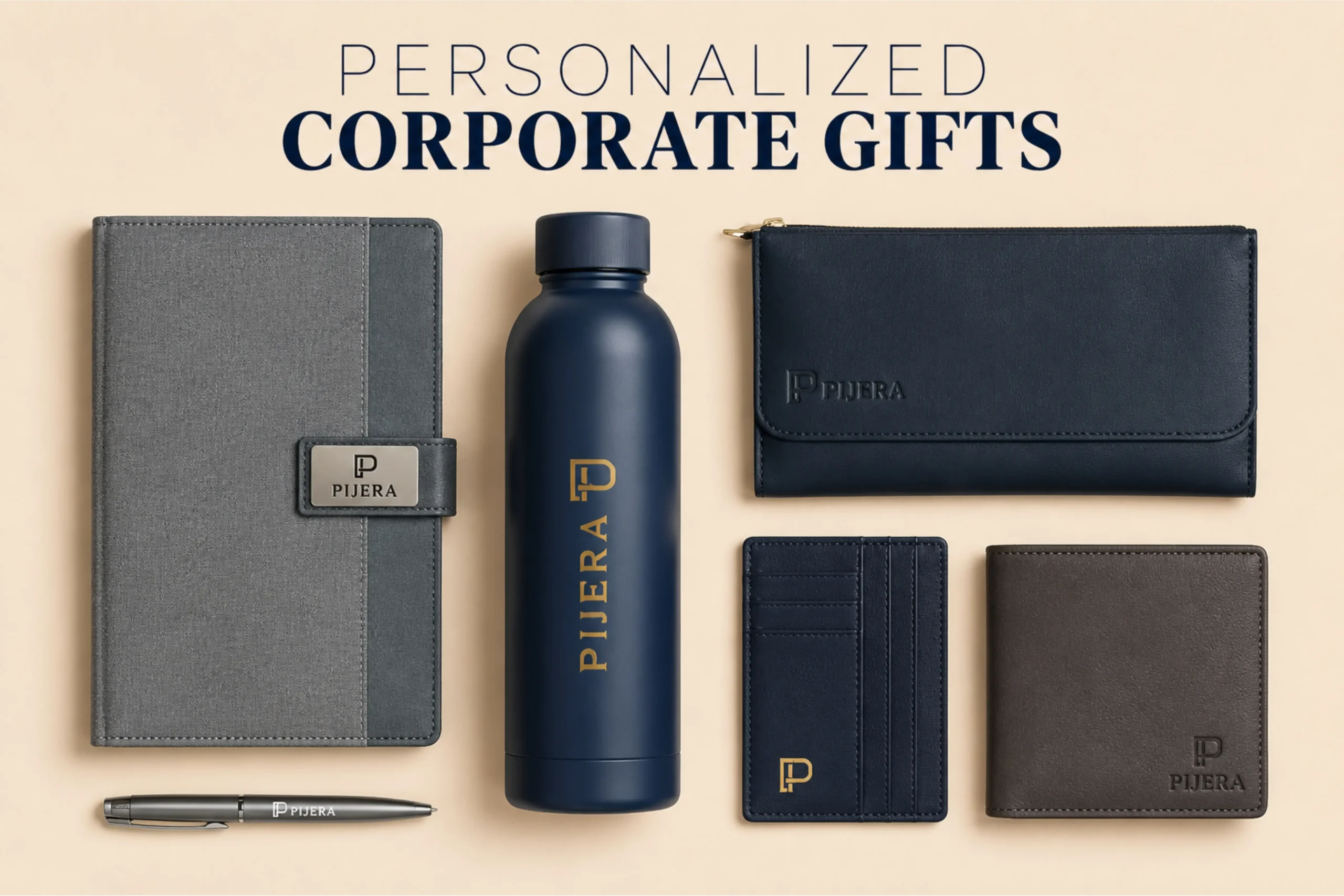 Premium personalized corporate gift set by Pijera featuring customized notebook, insulated bottle, wallet, card holder, pouch, and pen for employee and client gifting.