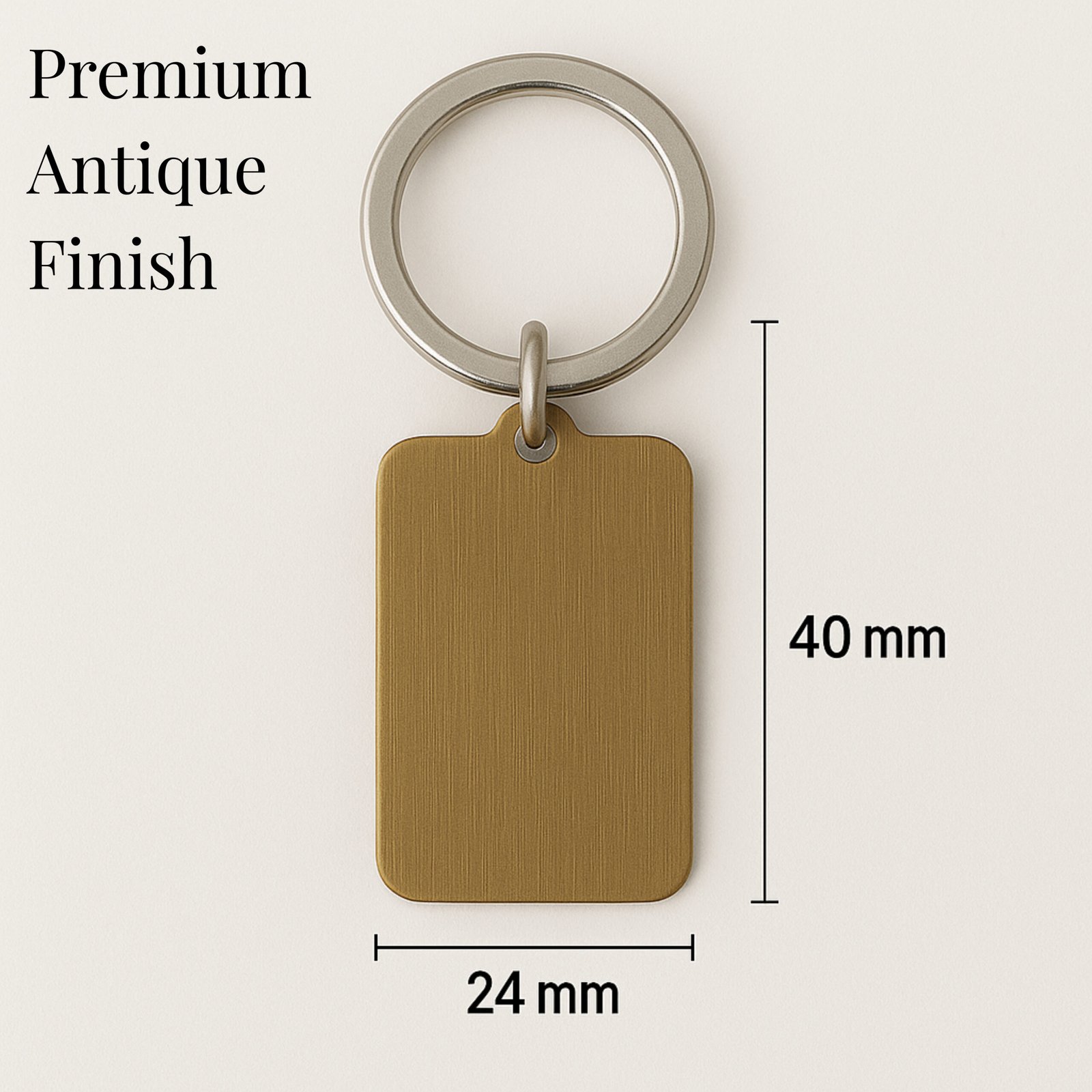 Premium antique brass finish metal keychain with size dimensions and vintage royal design for custom engraving