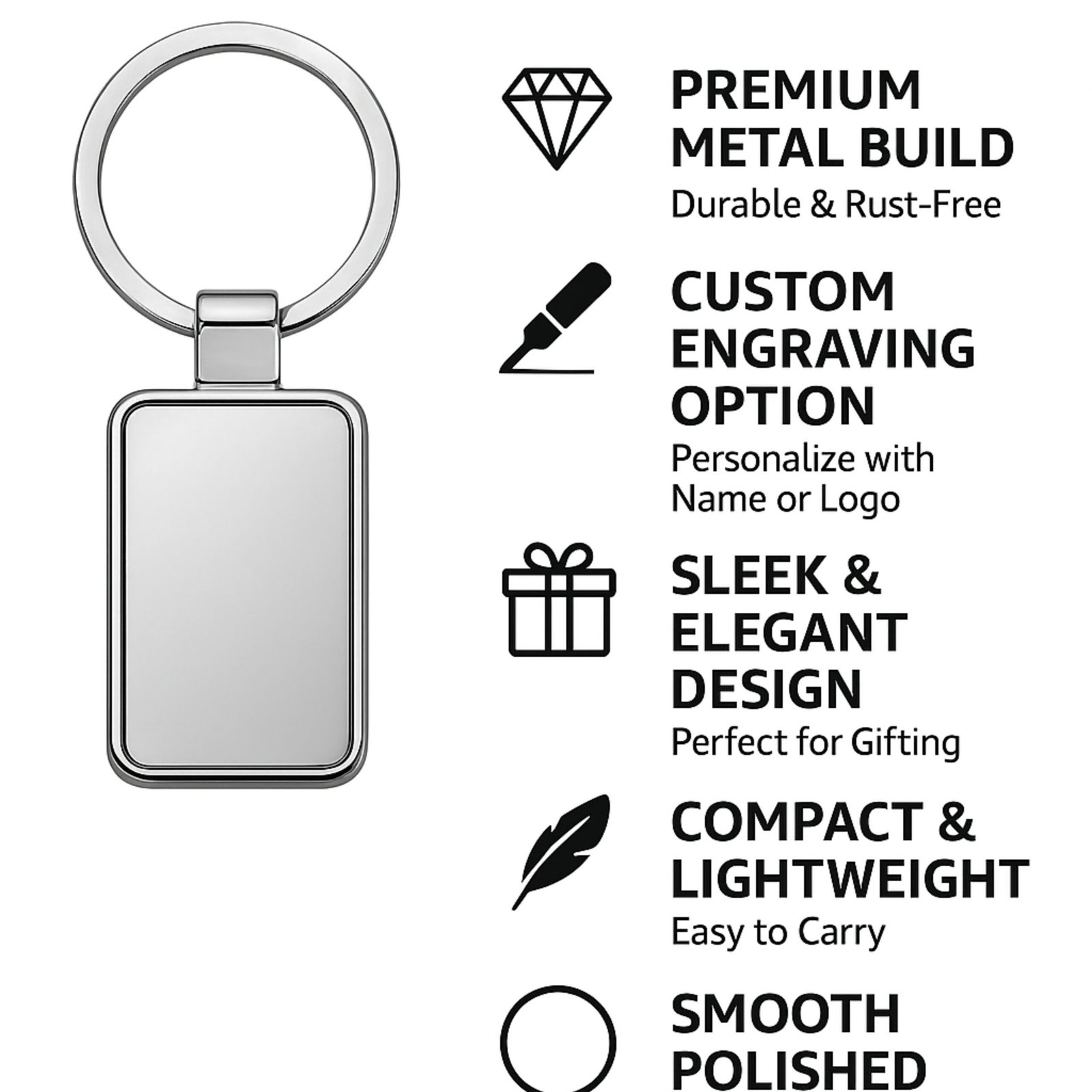Premium metal keychain features including custom engraving, durable build, lightweight design, and polished finish