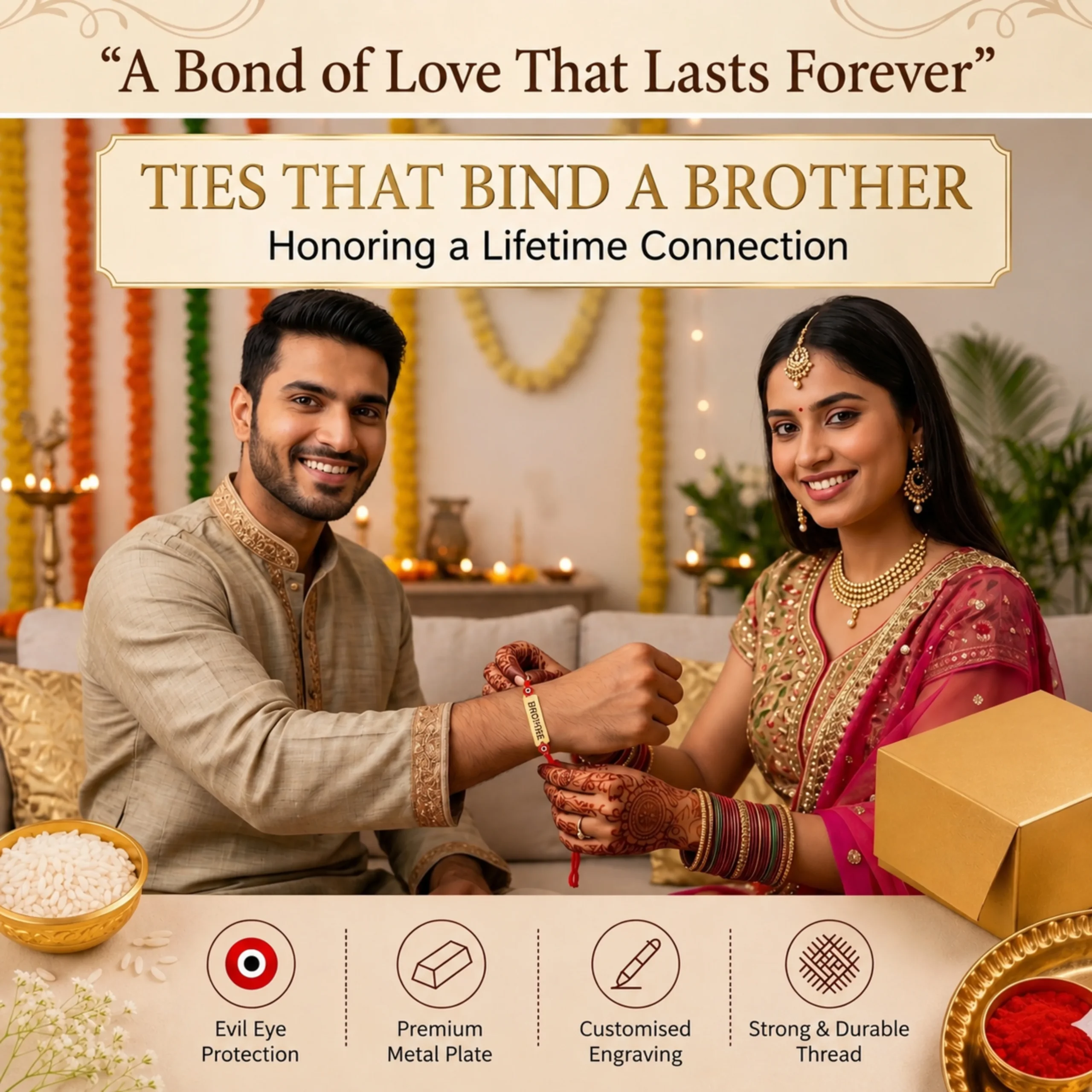 Brother and sister celebrating Raksha Bandhan with personalized red evil eye rakhi bracelet