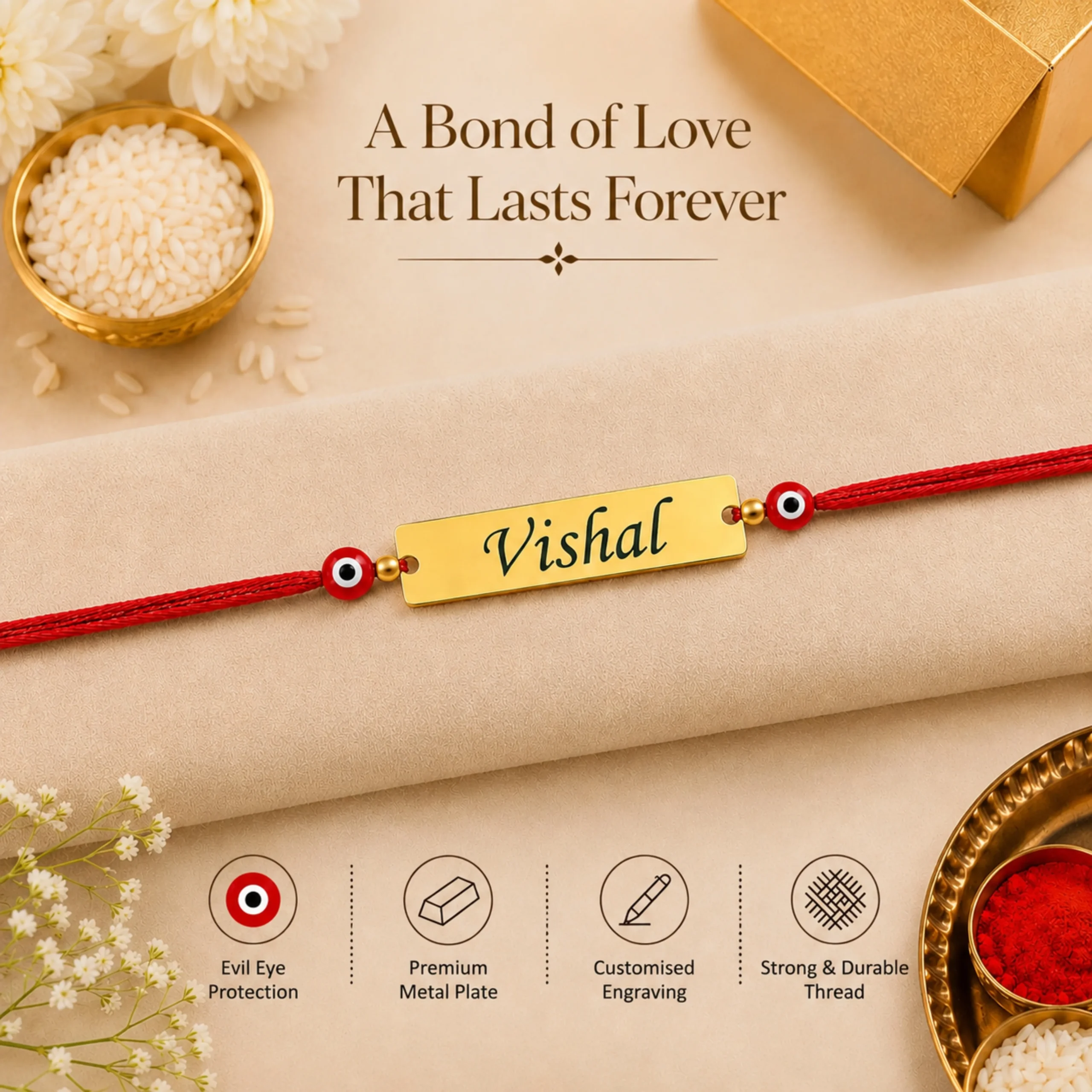 Personalized Red Evil Eye Rakhi with custom engraved name plate and durable red thread