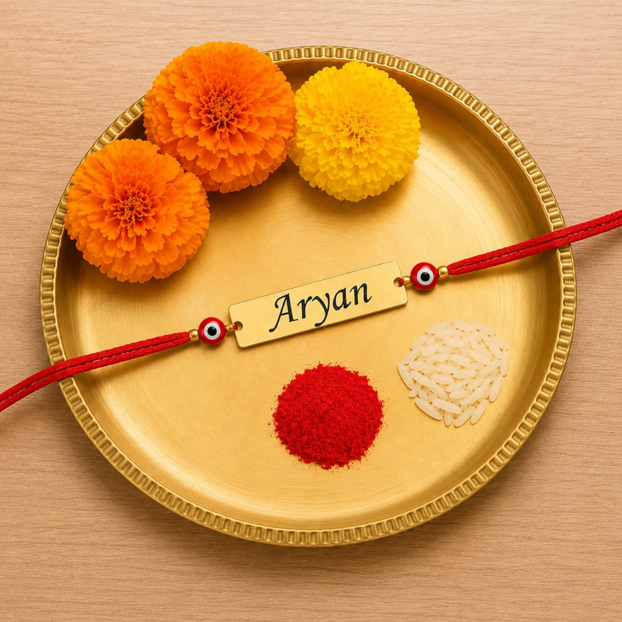 Personalized Red Evil Eye Rakhi with custom name plate on Raksha Bandhan pooja thali