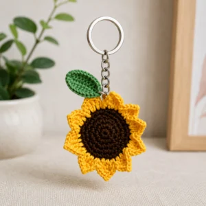 Handmade sunflower crochet keychain with yellow petals and green leaf on soft background