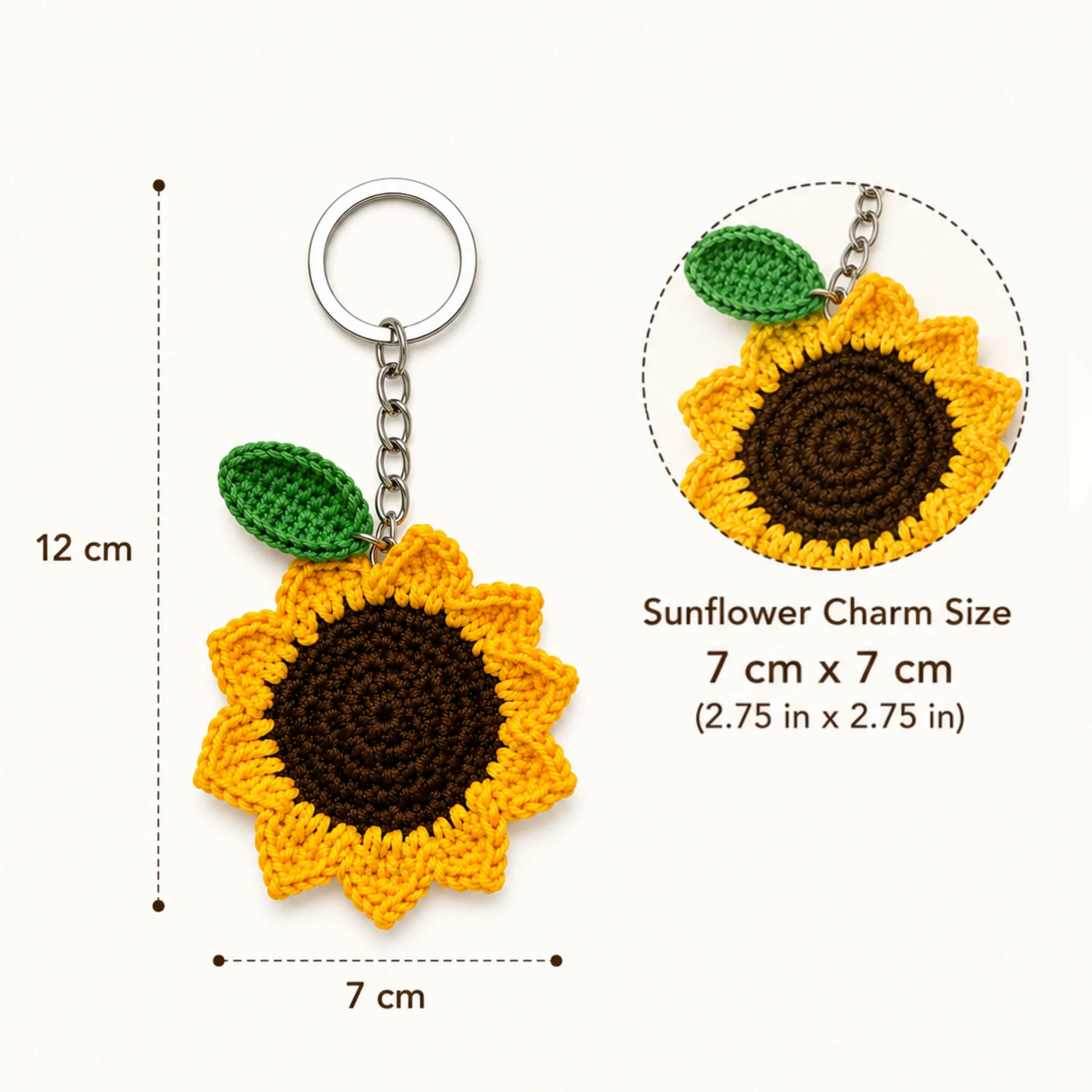 Sunflower crochet keychain size chart showing 7 cm flower charm and 12 cm total length