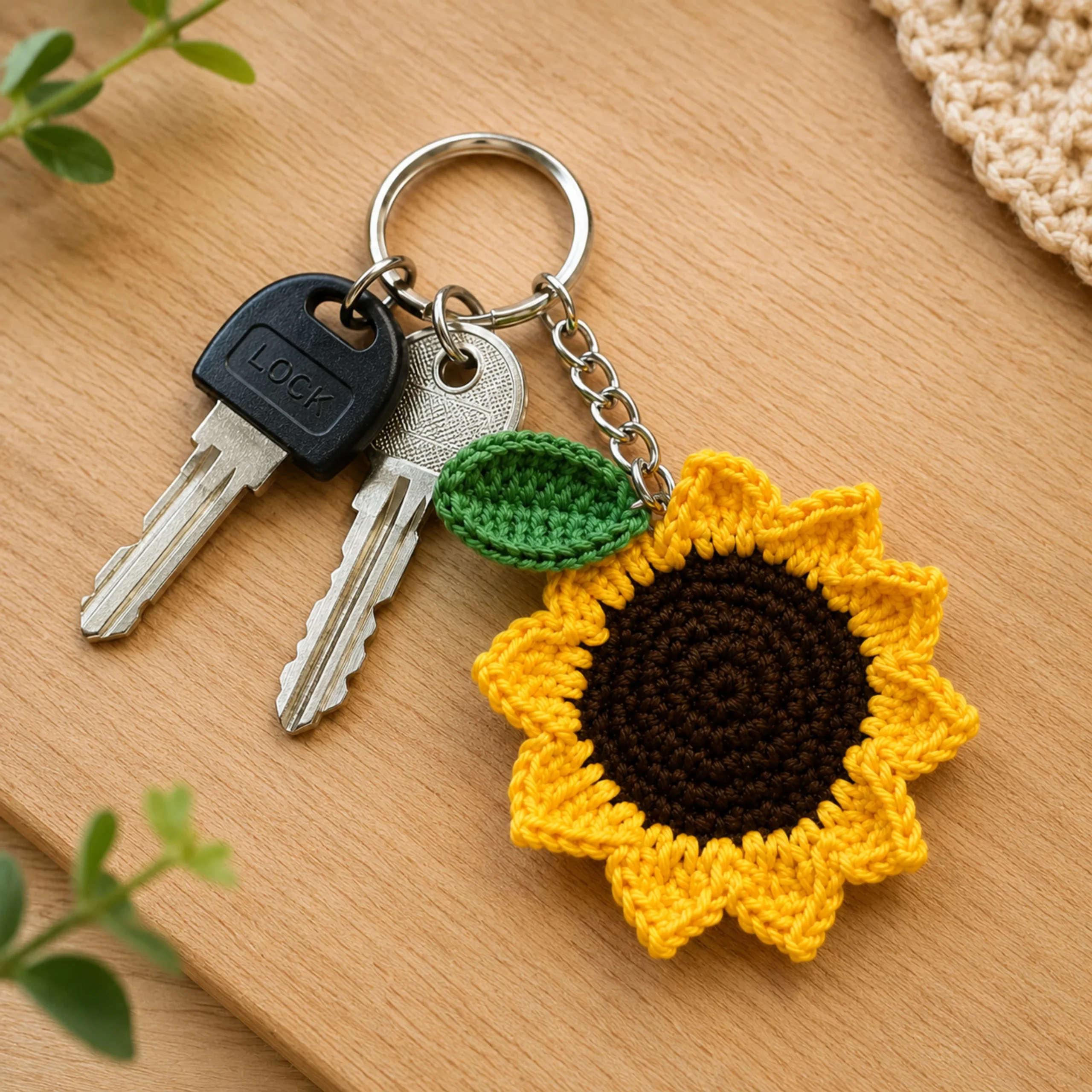 Handmade sunflower crochet keychain attached with house keys on wooden table