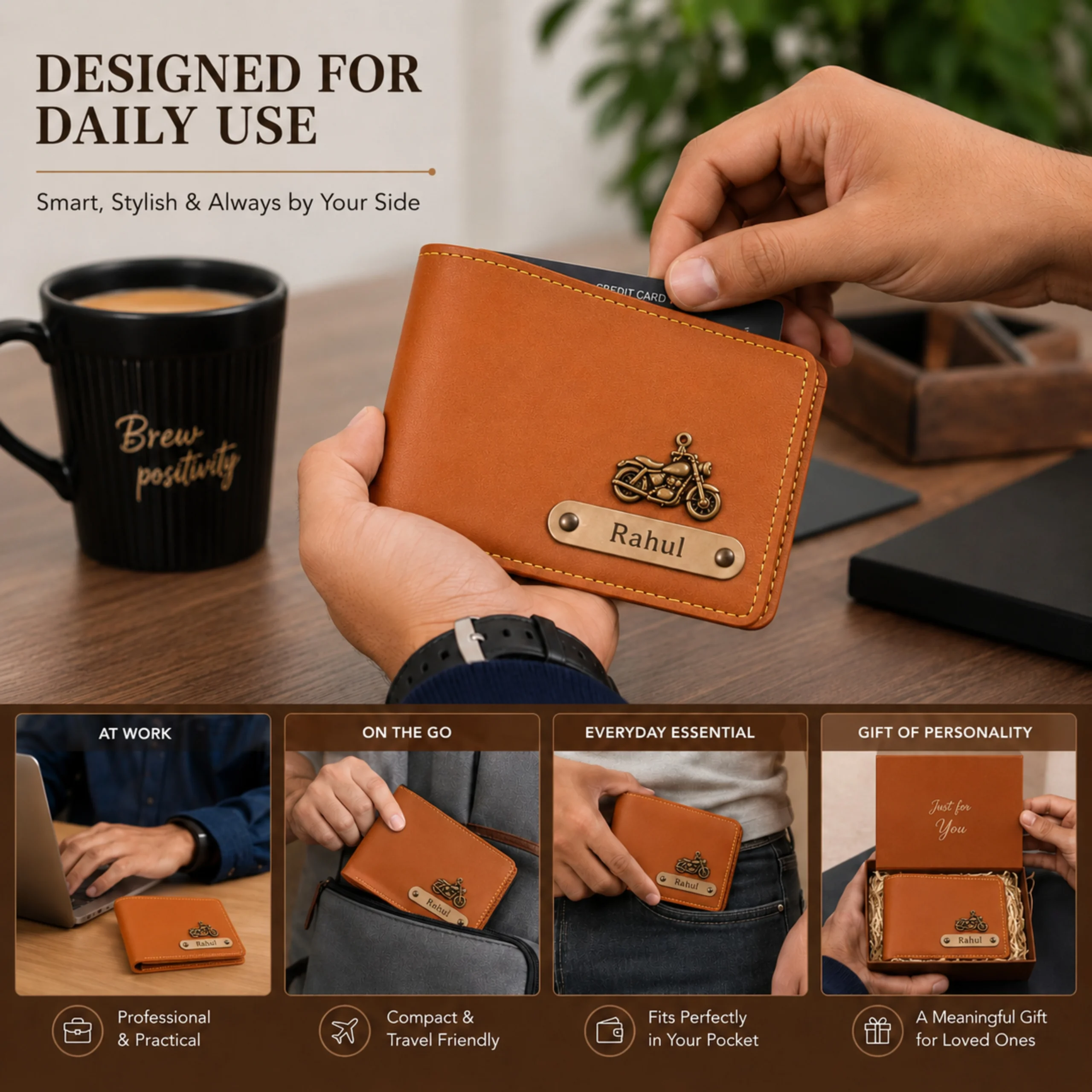 Tan personalized leather wallet being used daily with travel, work and pocket-friendly lifestyle scenes