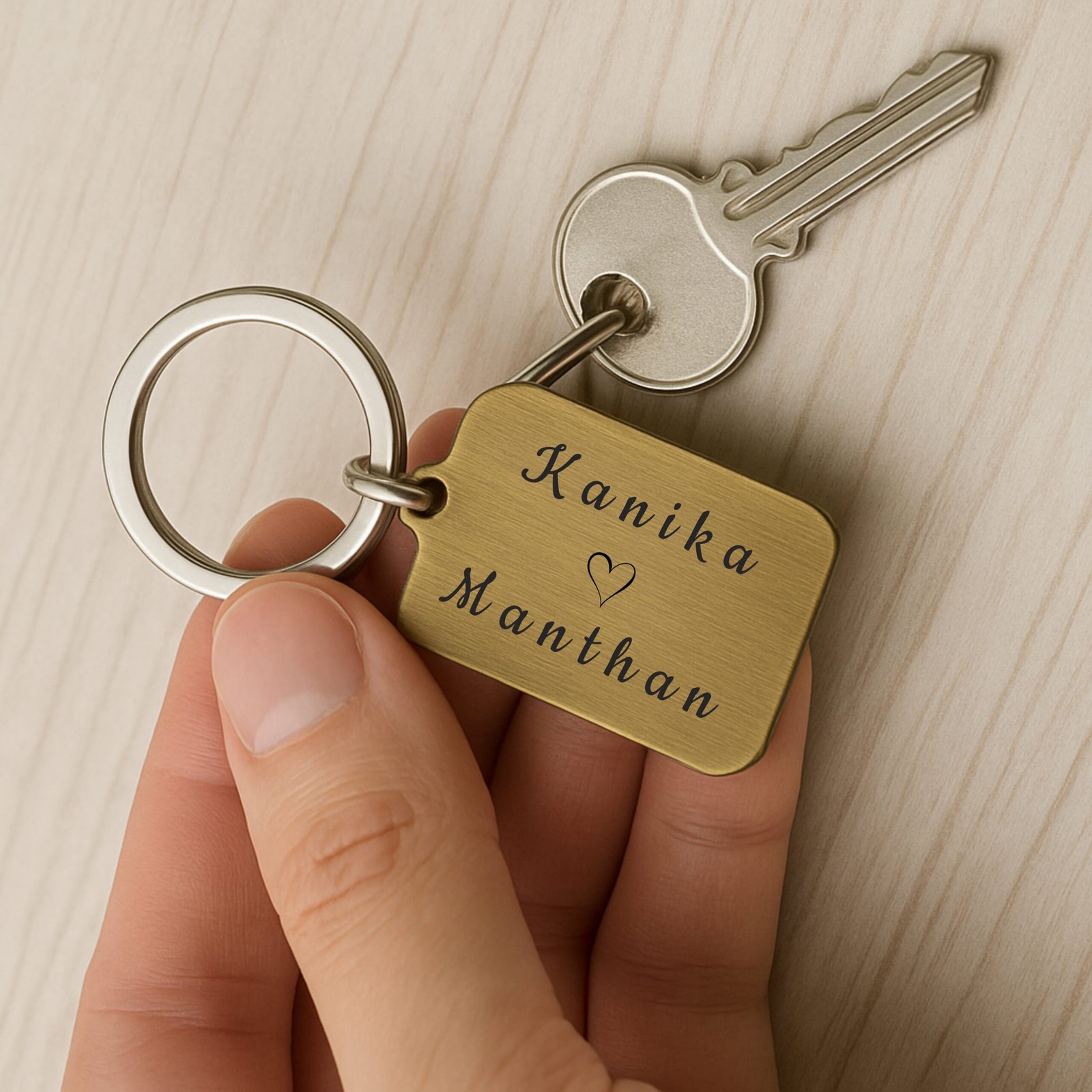 Vintage antique brass finish personalized couple name keychain with custom engraved names for house and car keys