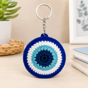 Handmade crochet evil eye keychain blue nazar battu keyring with metal ring
