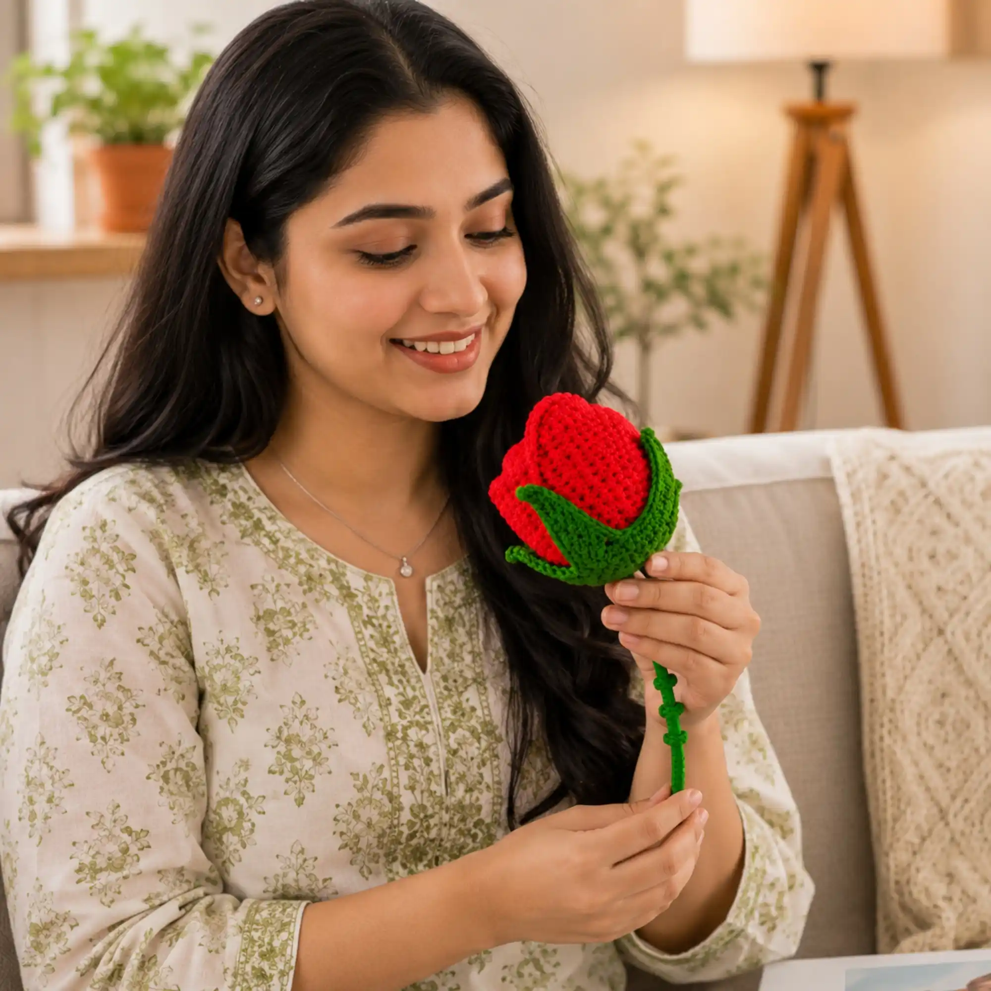 Woman Holding Handmade Crochet Red Rose Gift