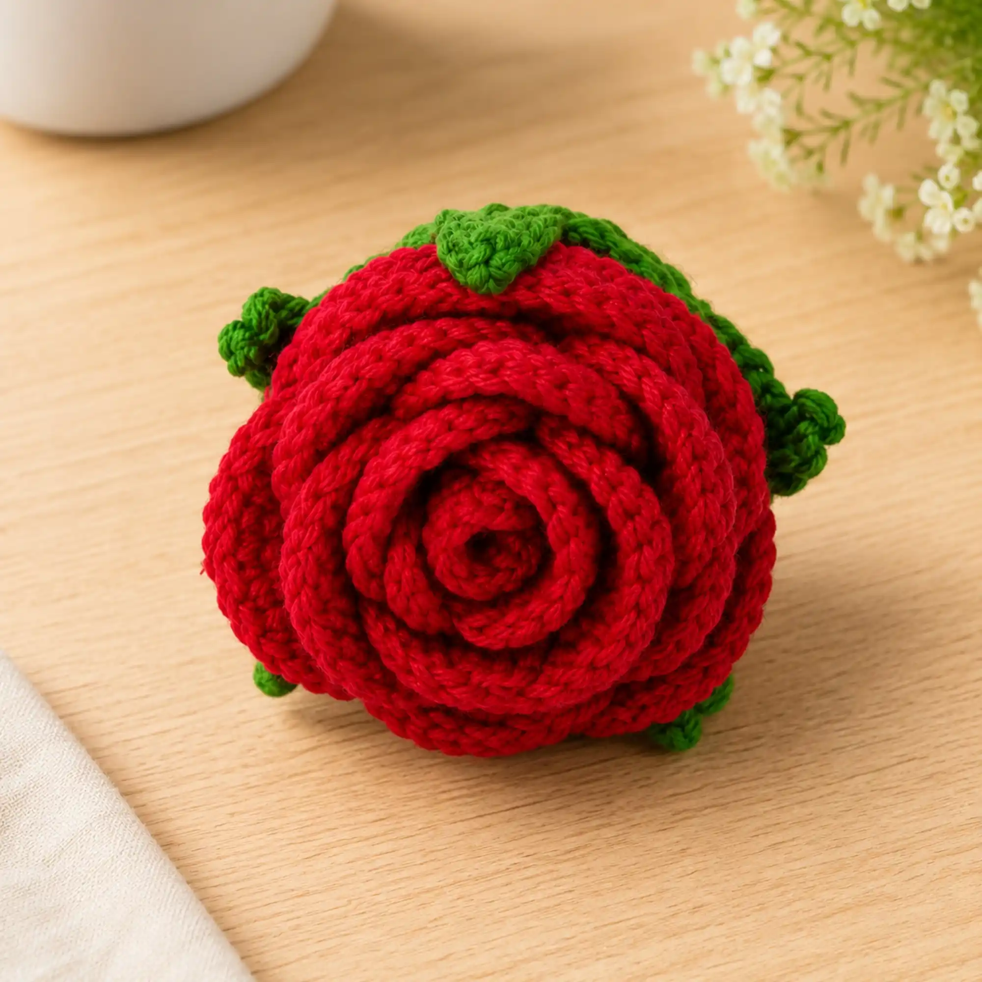 Handmade Crochet Red Rose Side View with Stem