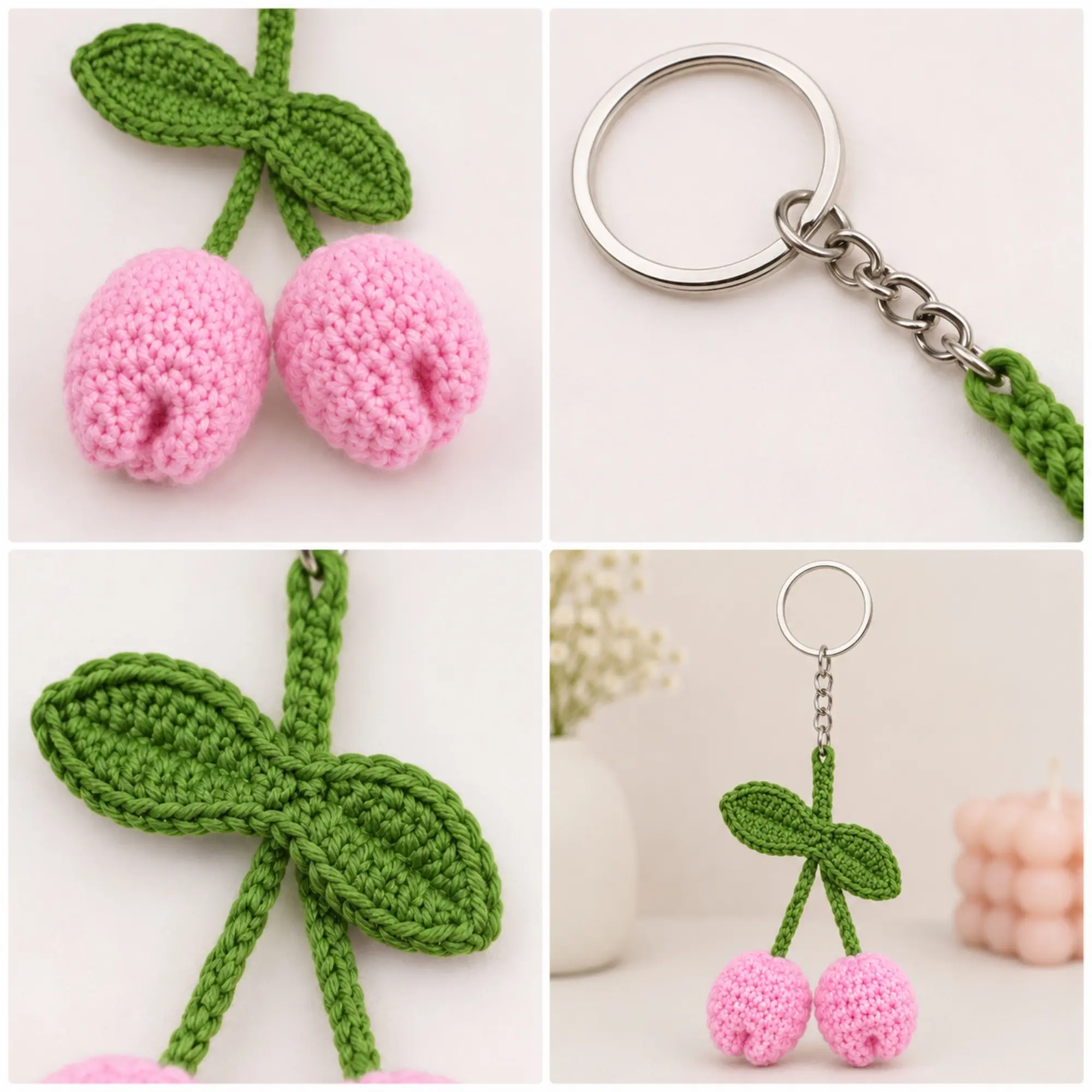 Detailed collage view of handmade crochet tulip keychain showing flower craftsmanship, crochet leaves, metal keyring and complete keychain design