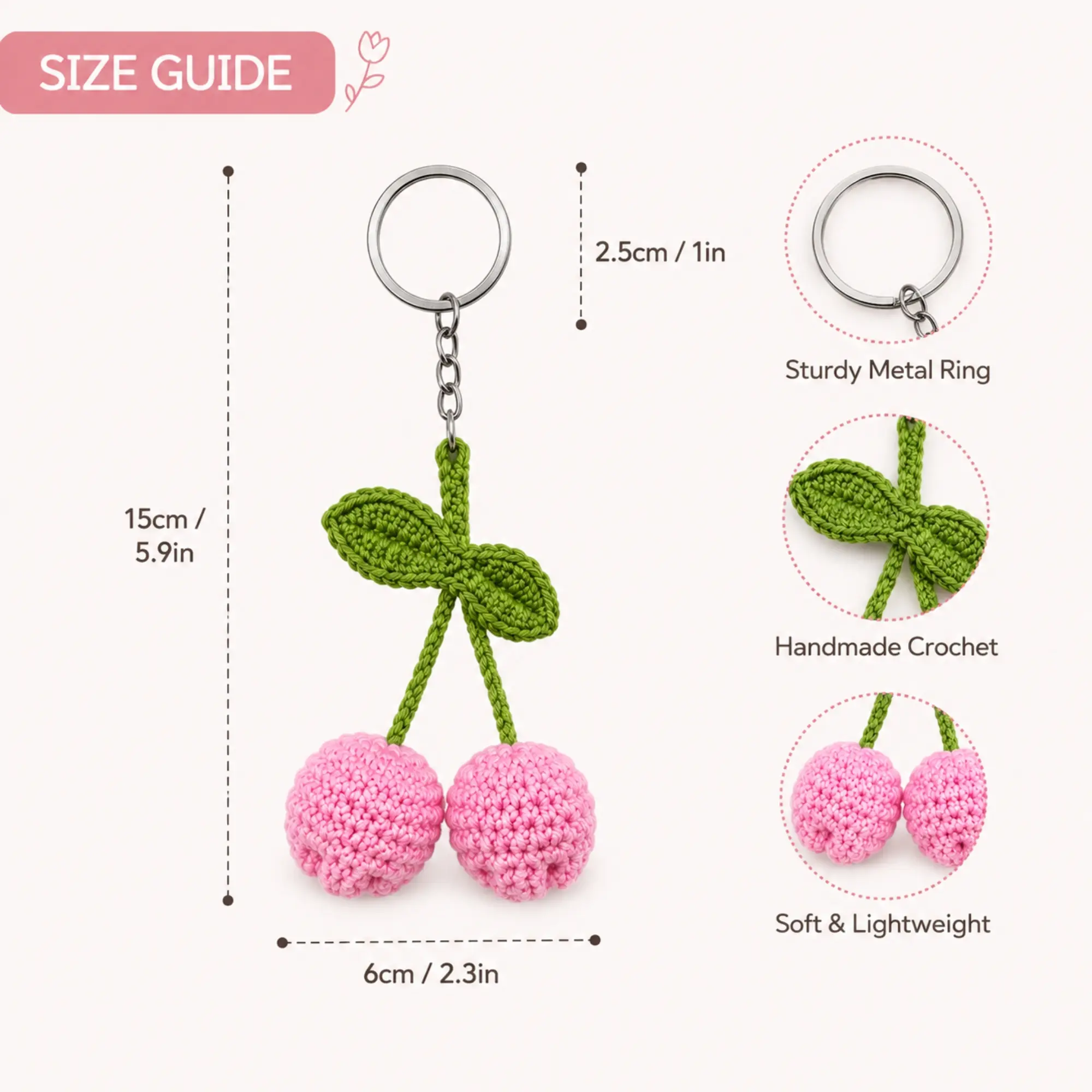 Crochet tulip keychain size guide showing dimensions, metal keyring and handmade crochet details