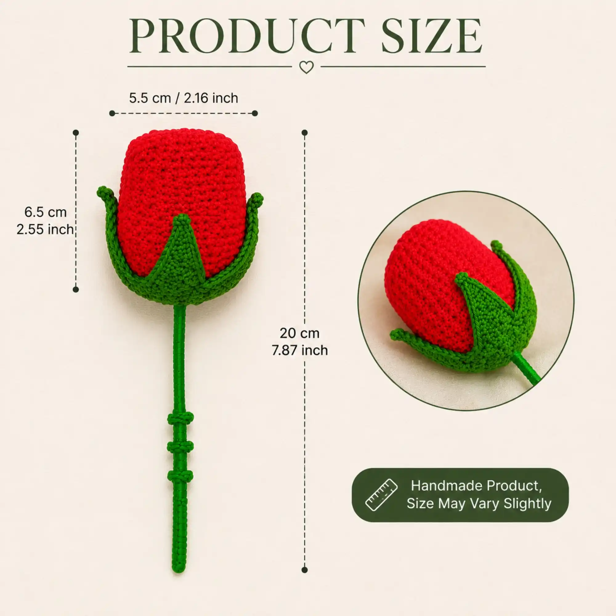 Handmade Crochet Red Rose Size and Dimensions