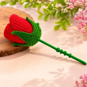 Handmade Crochet Red Rose Flower on Wooden Table