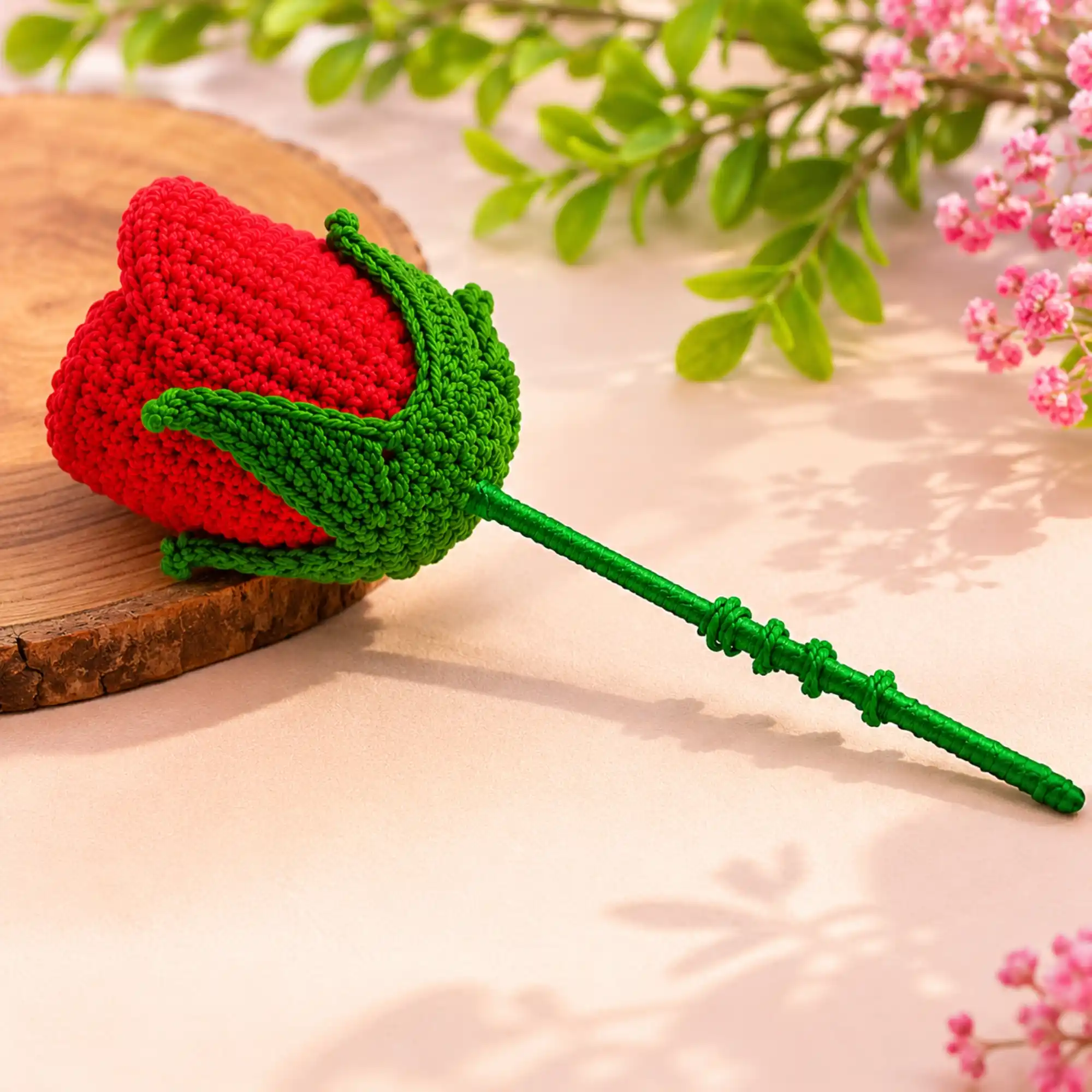Handmade Crochet Red Rose Flower on Wooden Table