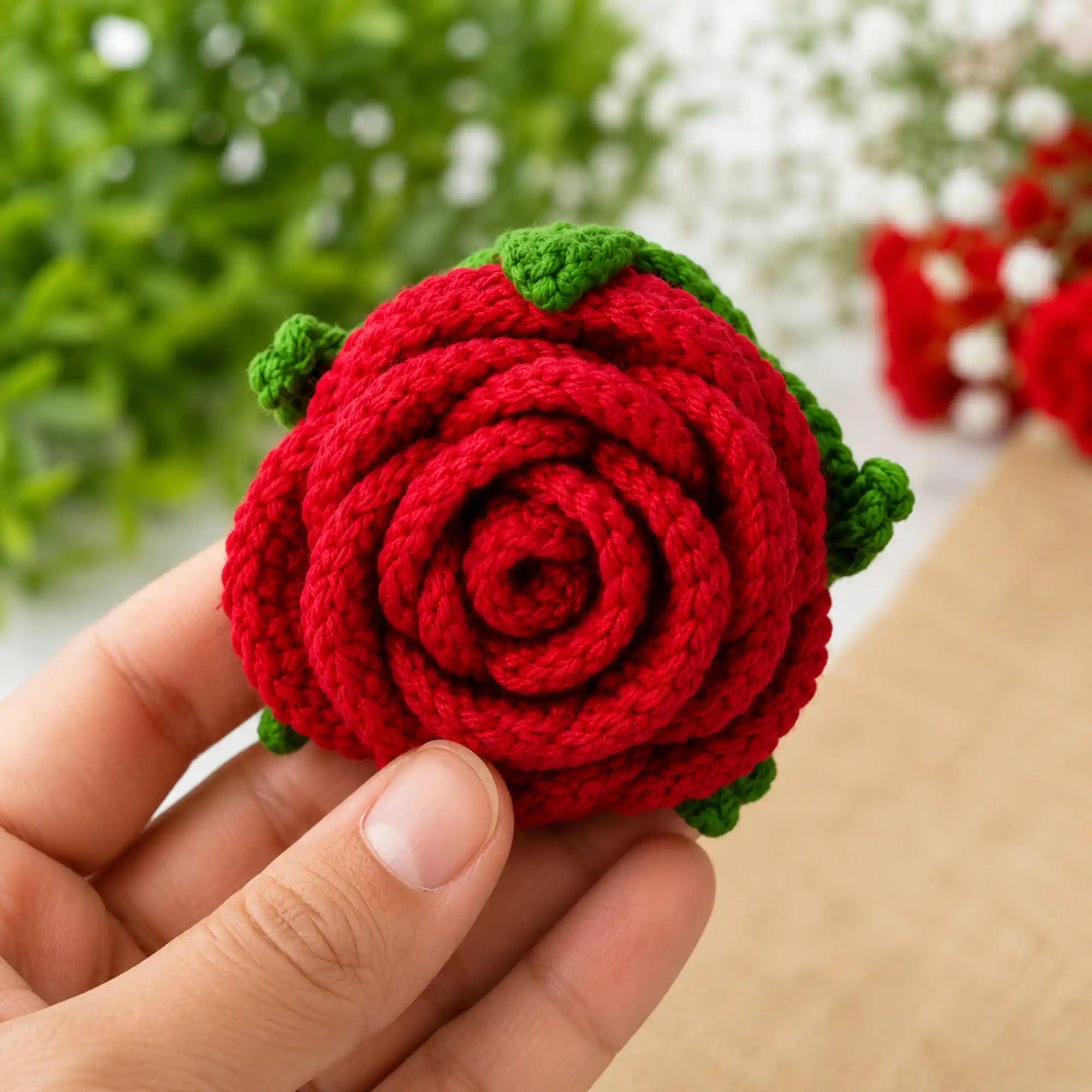 Hand Holding Handmade Crochet Red Rose Flower