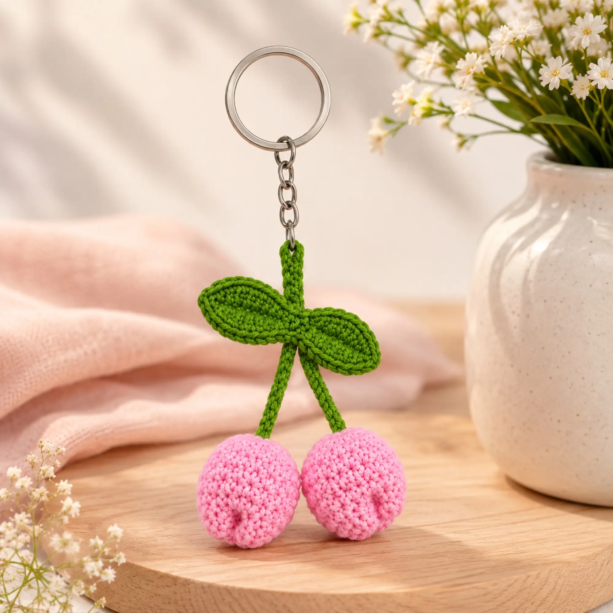 Handmade crochet tulip keychain with pink tulip flowers and green leaves on wooden display