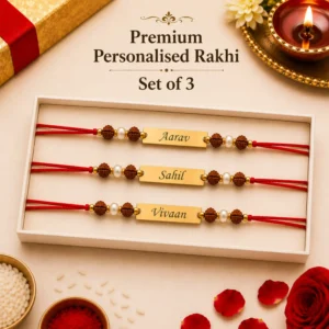 Premium set of 3 personalized pearl rudraksha name rakhi gift box with custom engraved name plates