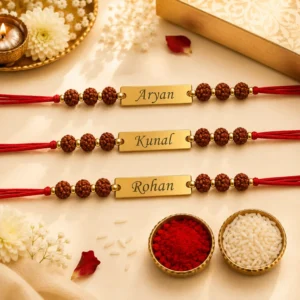 Set of 3 personalized Rudraksha name rakhis with engraved stainless steel name plates, authentic Rudraksha beads, and traditional red thread.