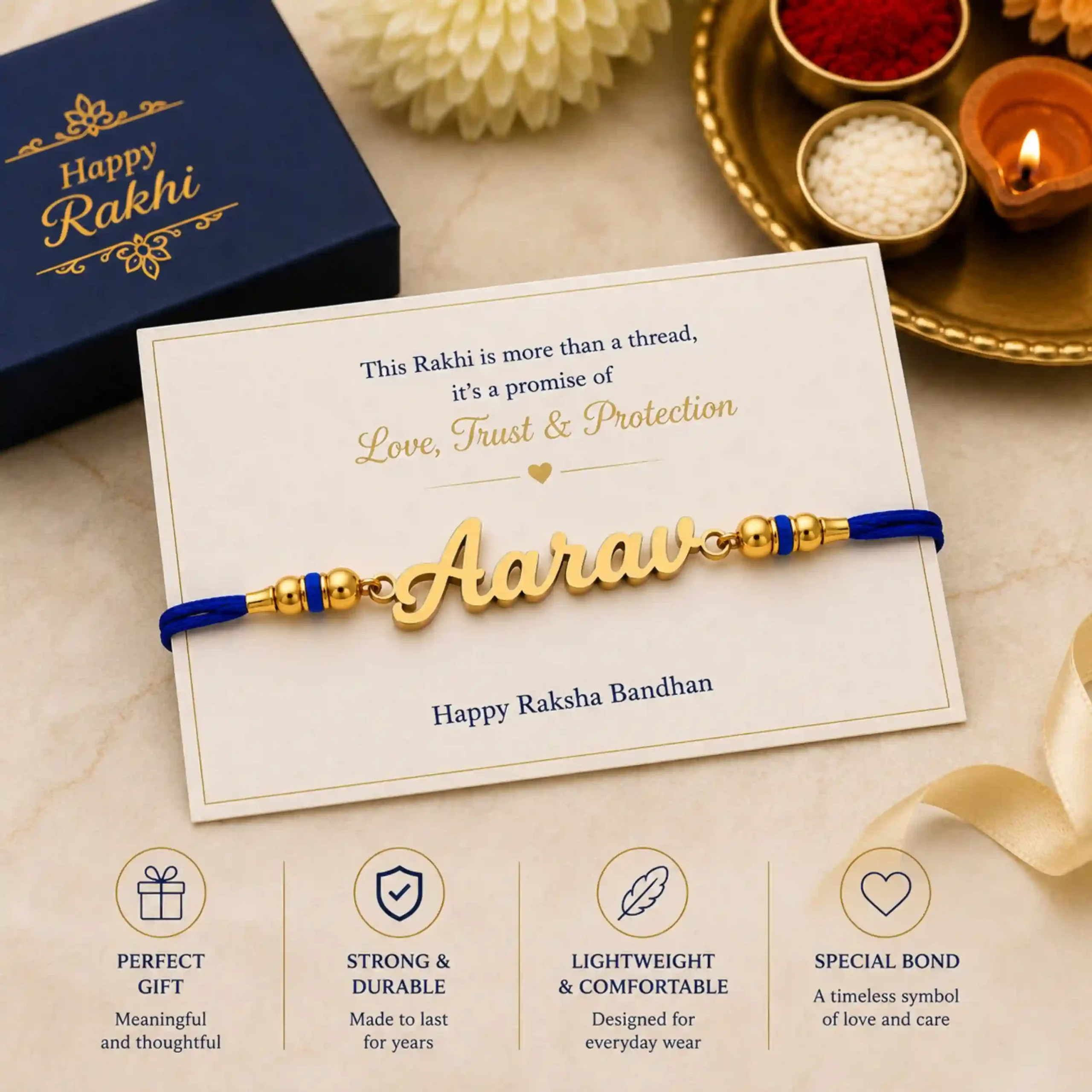 Personalized name rakhi with blue thread featuring a gold plated custom name plate, strong durable thread, lightweight comfort, and a meaningful Raksha Bandhan gift for brother.