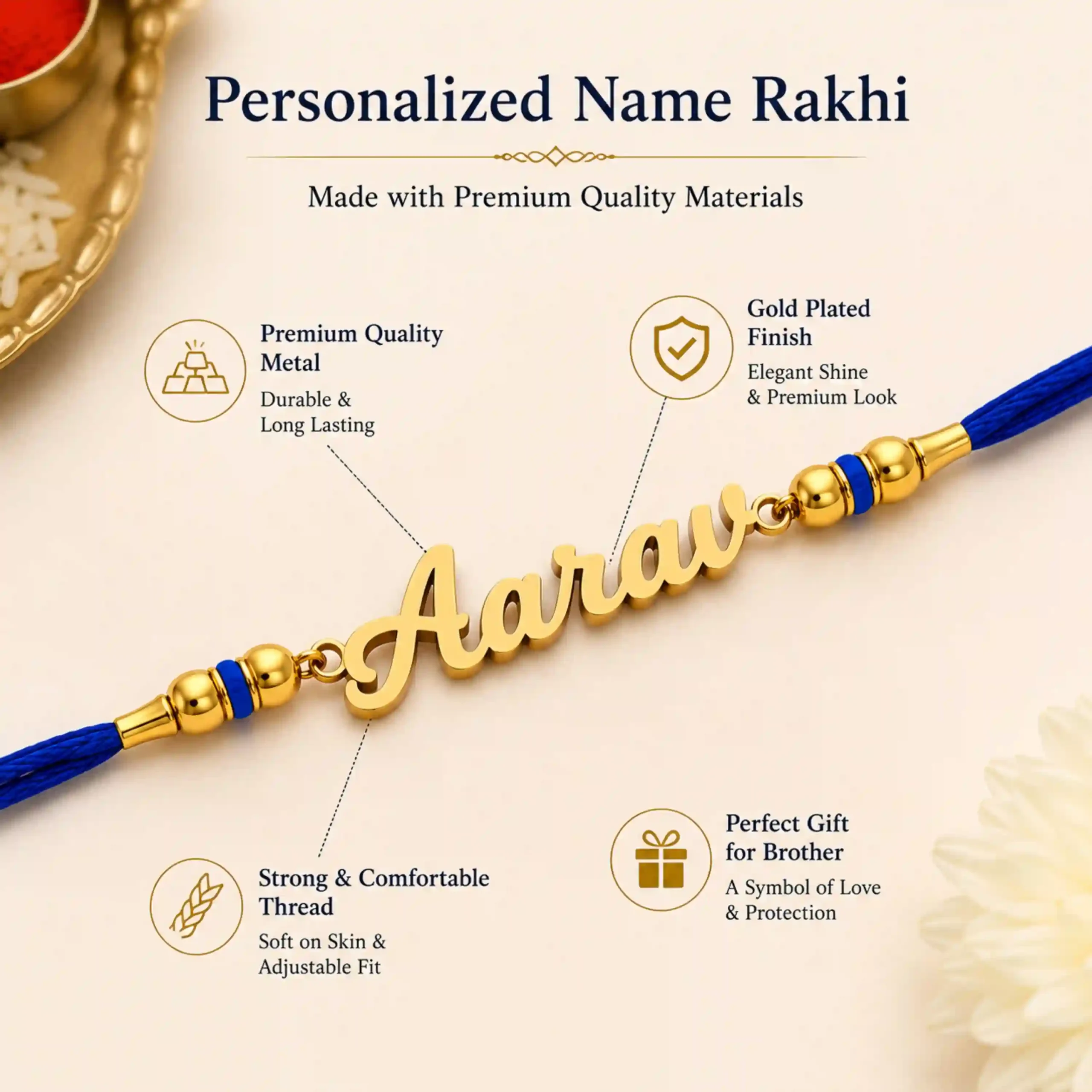 Personalized name rakhi with blue thread featuring a gold plated custom name plate, premium metal construction, comfortable adjustable thread, and elegant finish.