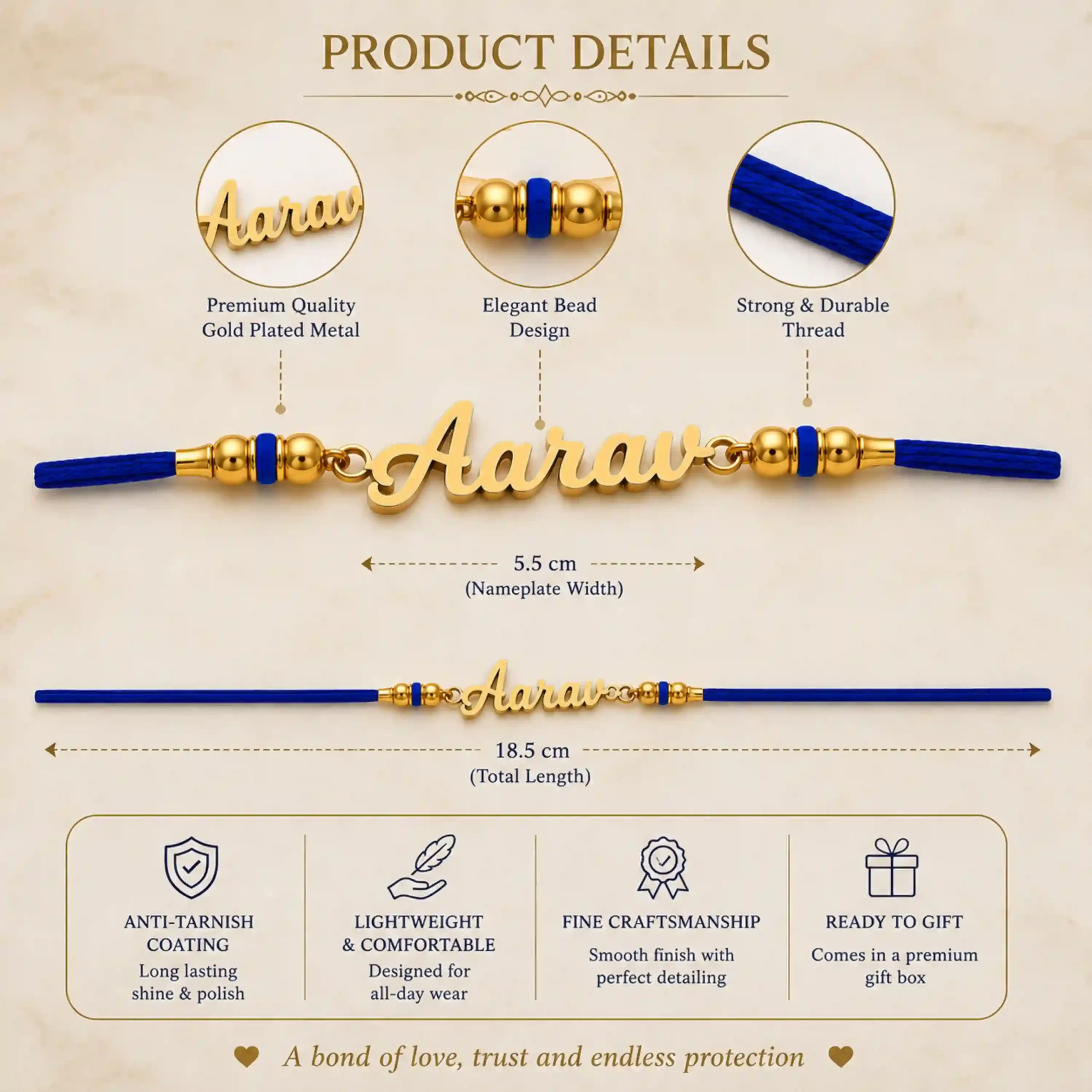 Personalized name rakhi with blue thread showing gold plated name plate, elegant bead design, durable thread, anti-tarnish coating, and premium craftsmanship.