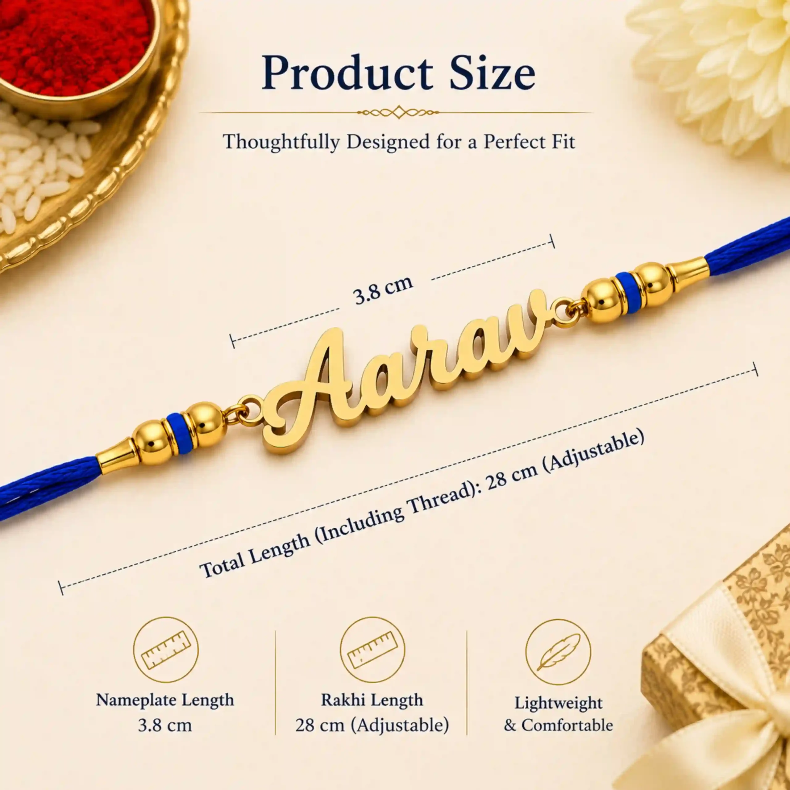 Product size of personalized name rakhi with blue thread showing gold plated name plate dimensions, adjustable thread length, and overall rakhi size.