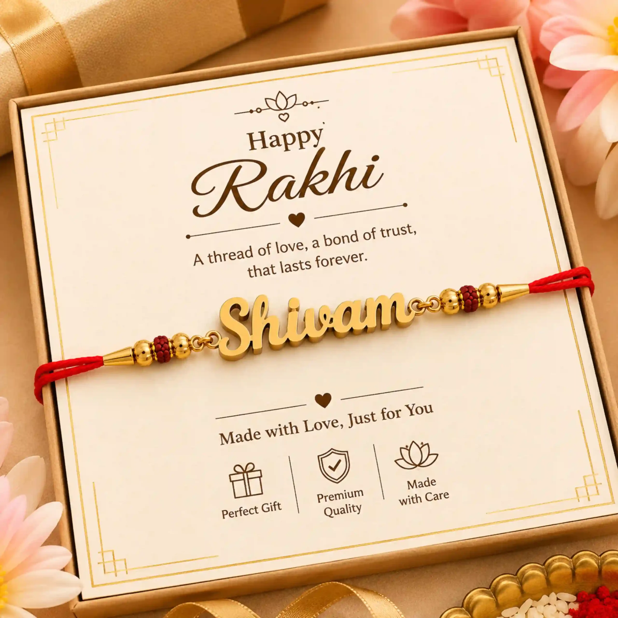 Personalized name rakhi with red thread displayed in a premium gift box with a Raksha Bandhan greeting card, featuring a gold plated custom name plate.