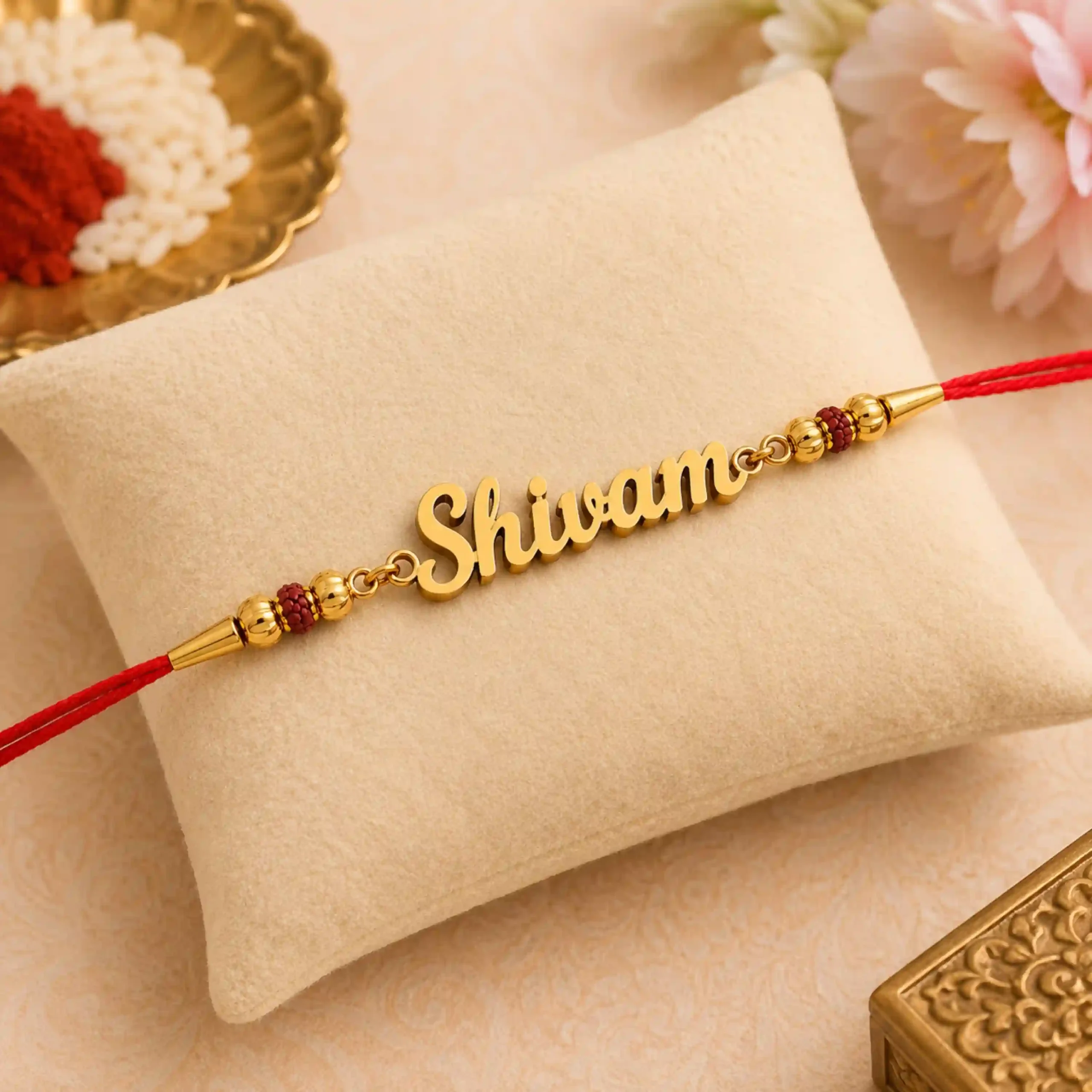 Personalized name rakhi with red thread and gold plated custom name plate for brother, premium Raksha Bandhan gift.