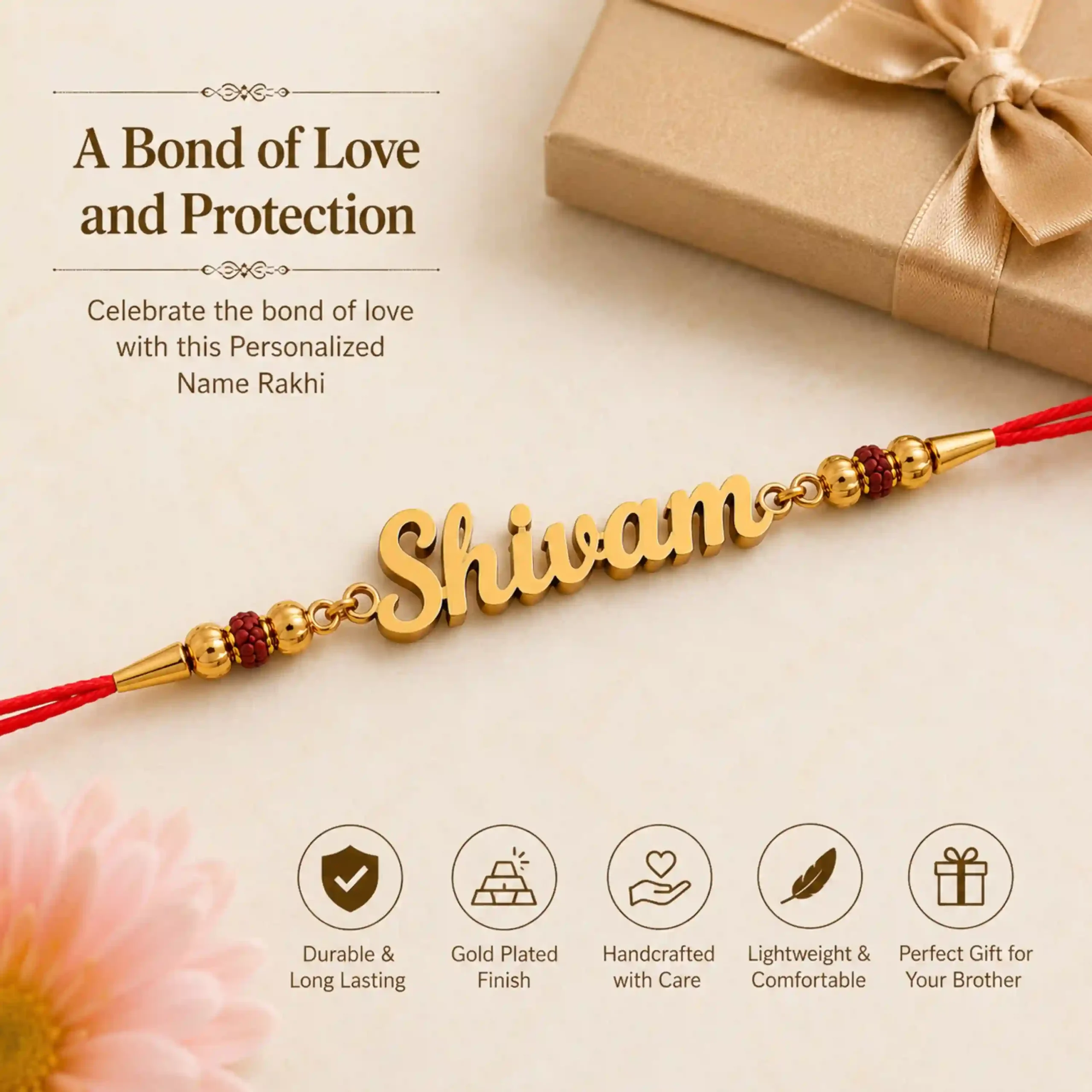 Personalized name rakhi with red thread featuring a gold plated custom name plate, durable finish, handcrafted quality, lightweight design, and a perfect Raksha Bandhan gift for brother.