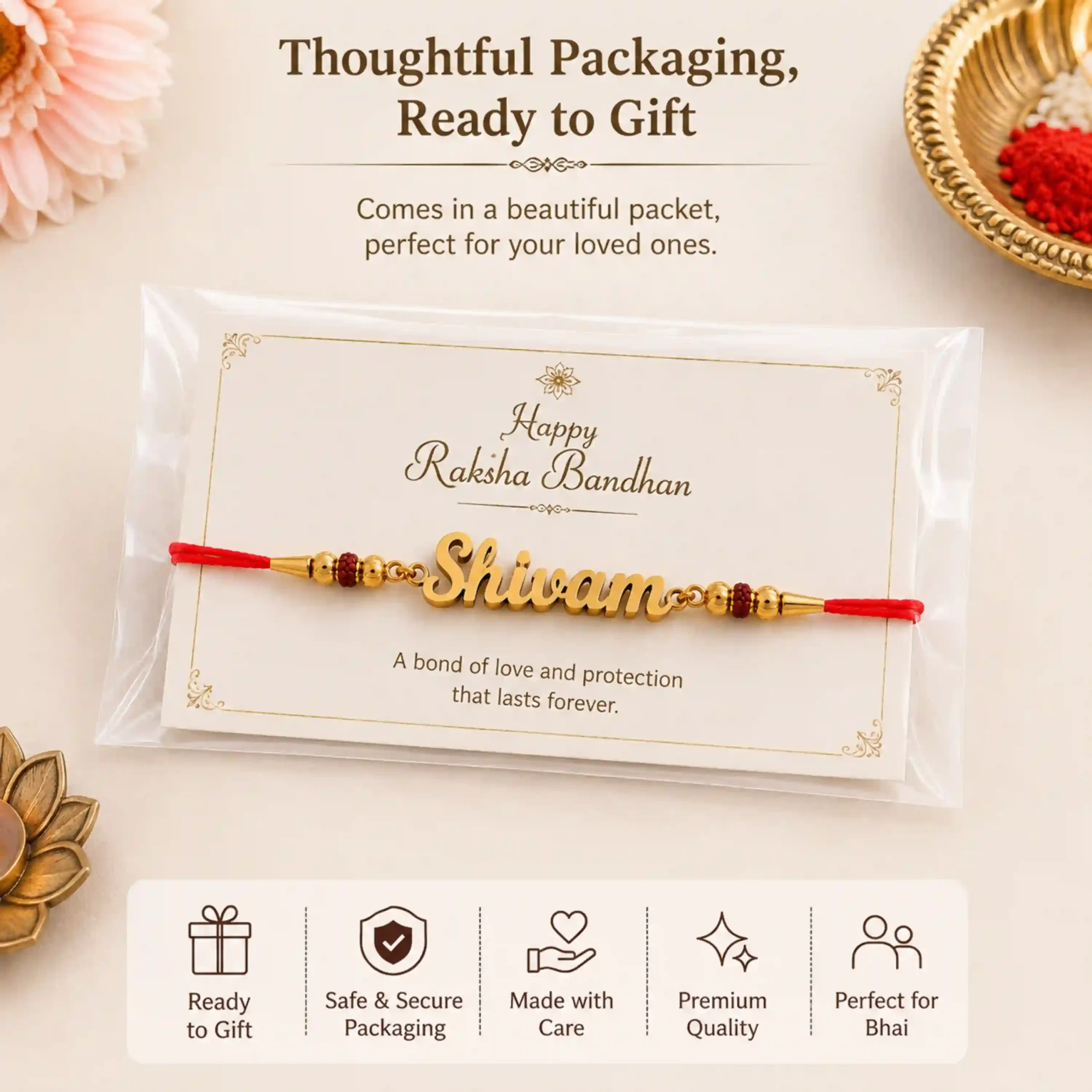 Personalized name rakhi with red thread in premium ready-to-gift packaging, featuring a gold plated custom name plate for Raksha Bandhan.