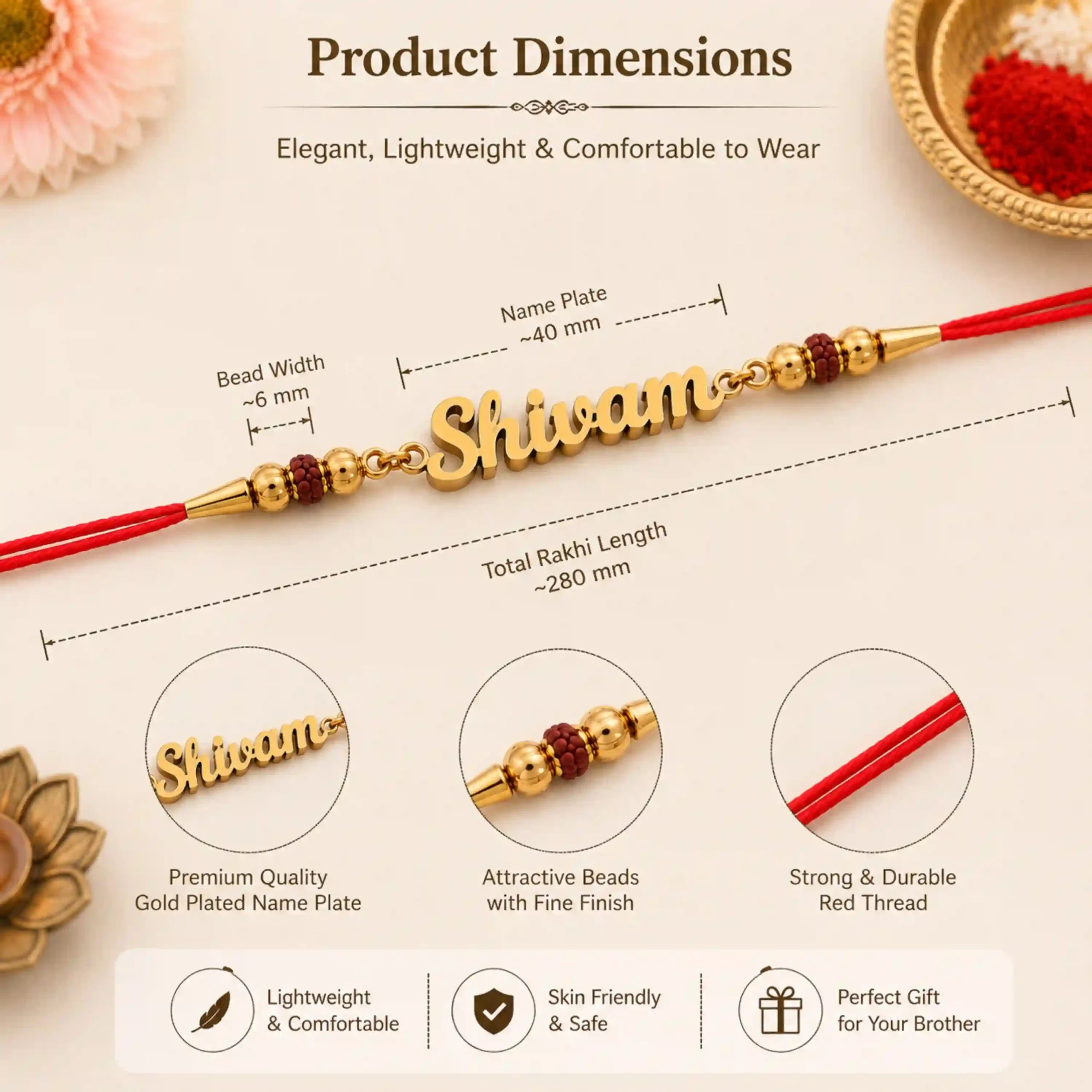 Product dimensions of personalized name rakhi with red thread showing gold plated name plate size, bead size, and total rakhi length.