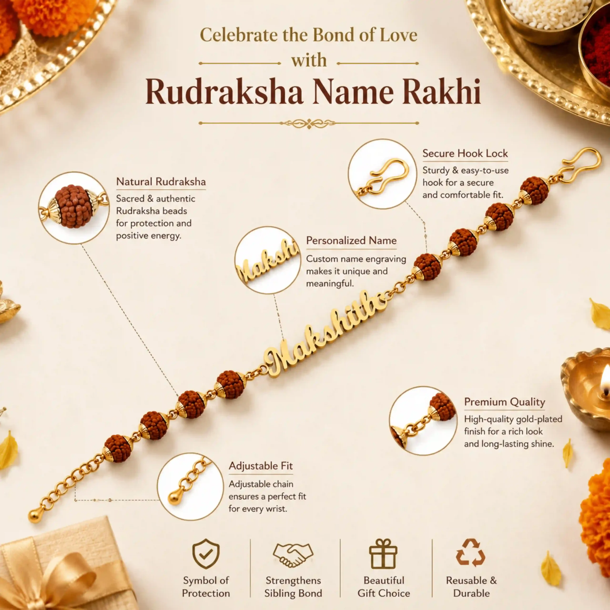 PIJERA Personalized Rudraksha Name Rakhi features including natural Rudraksha beads, gold plated stainless steel name plate, adjustable chain and secure hook lock