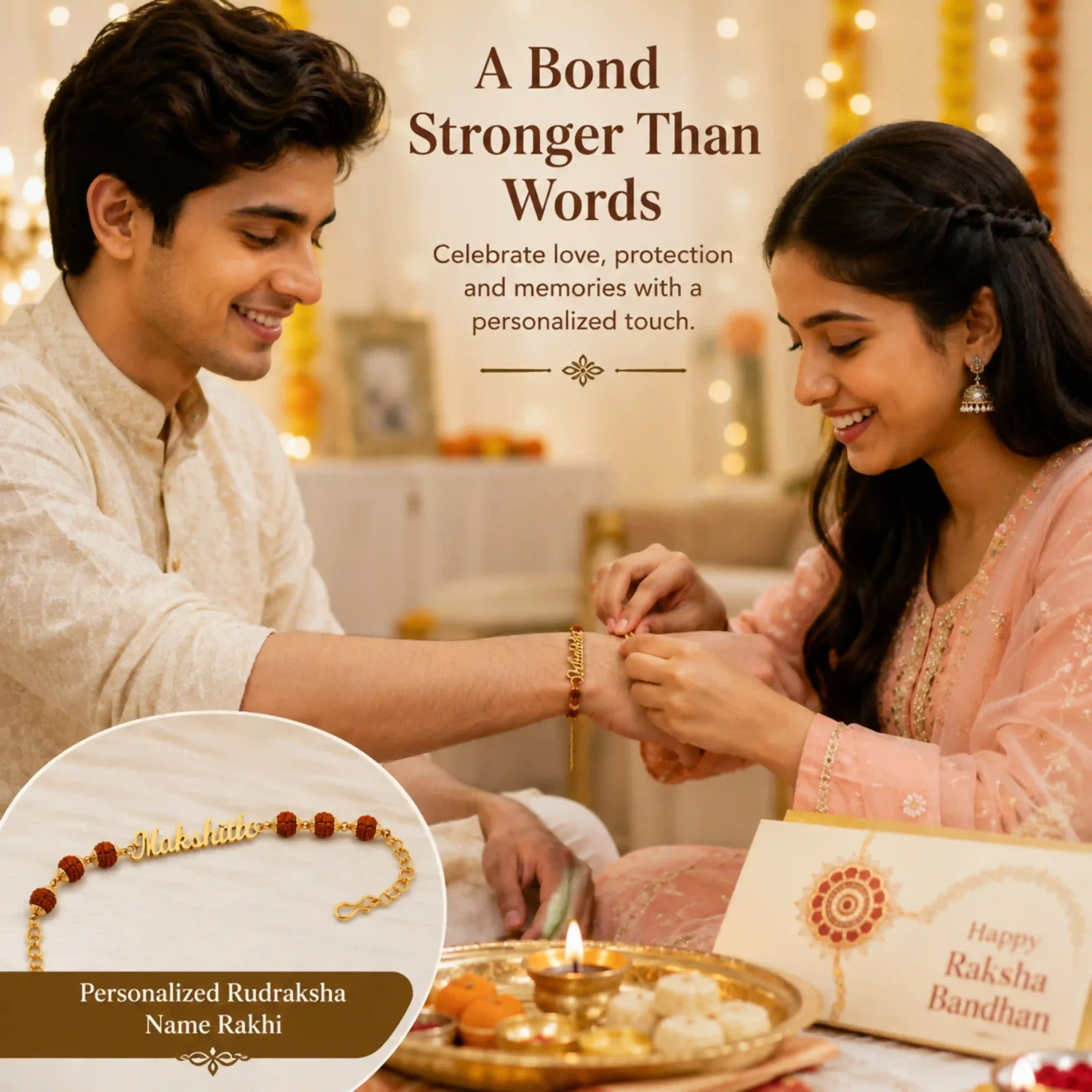 Brother and sister celebrating Raksha Bandhan with PIJERA Personalized Rudraksha Name Rakhi on the brother's wrist