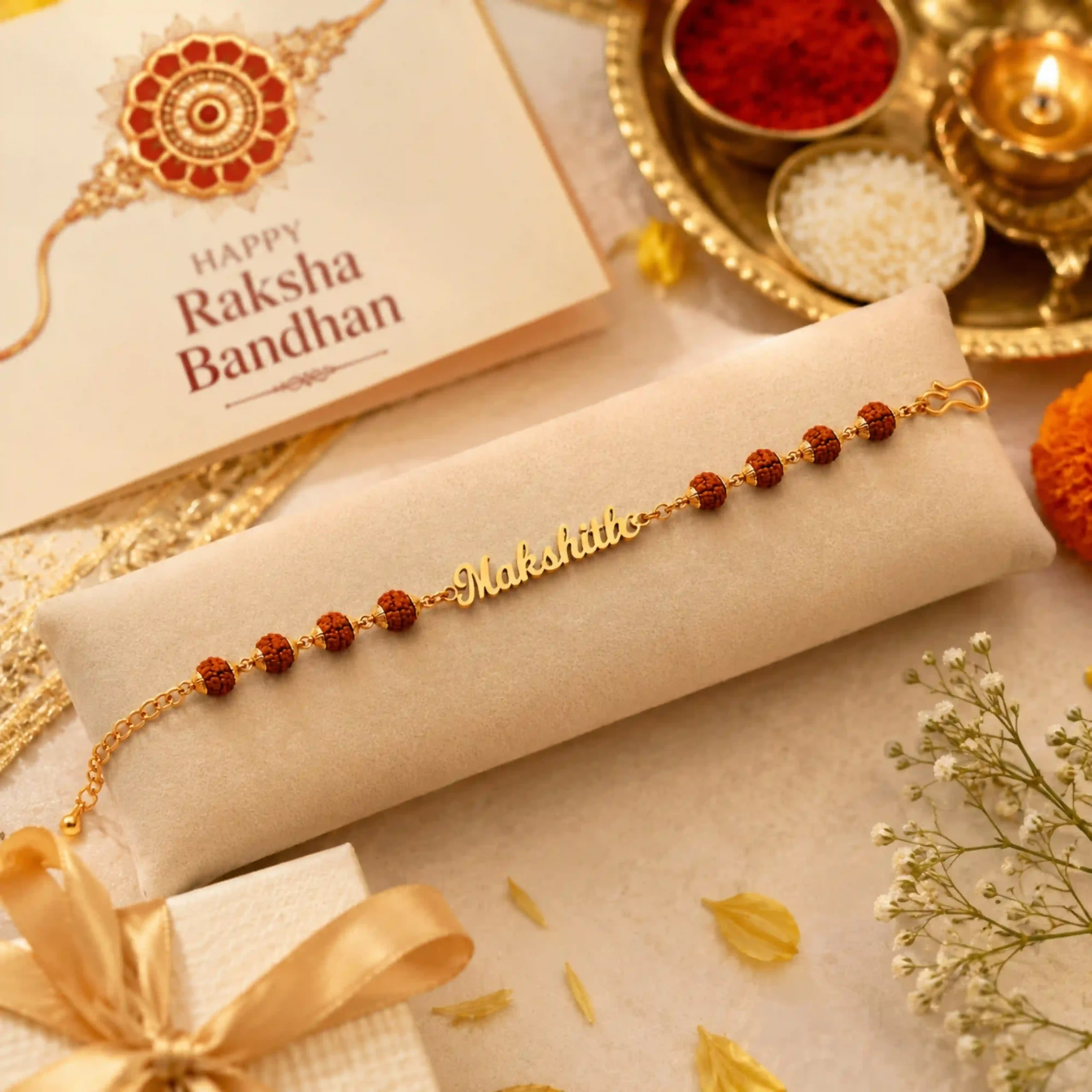 PIJERA Personalized Rudraksha Name Rakhi displayed in premium gift presentation with Raksha Bandhan card and festive decor