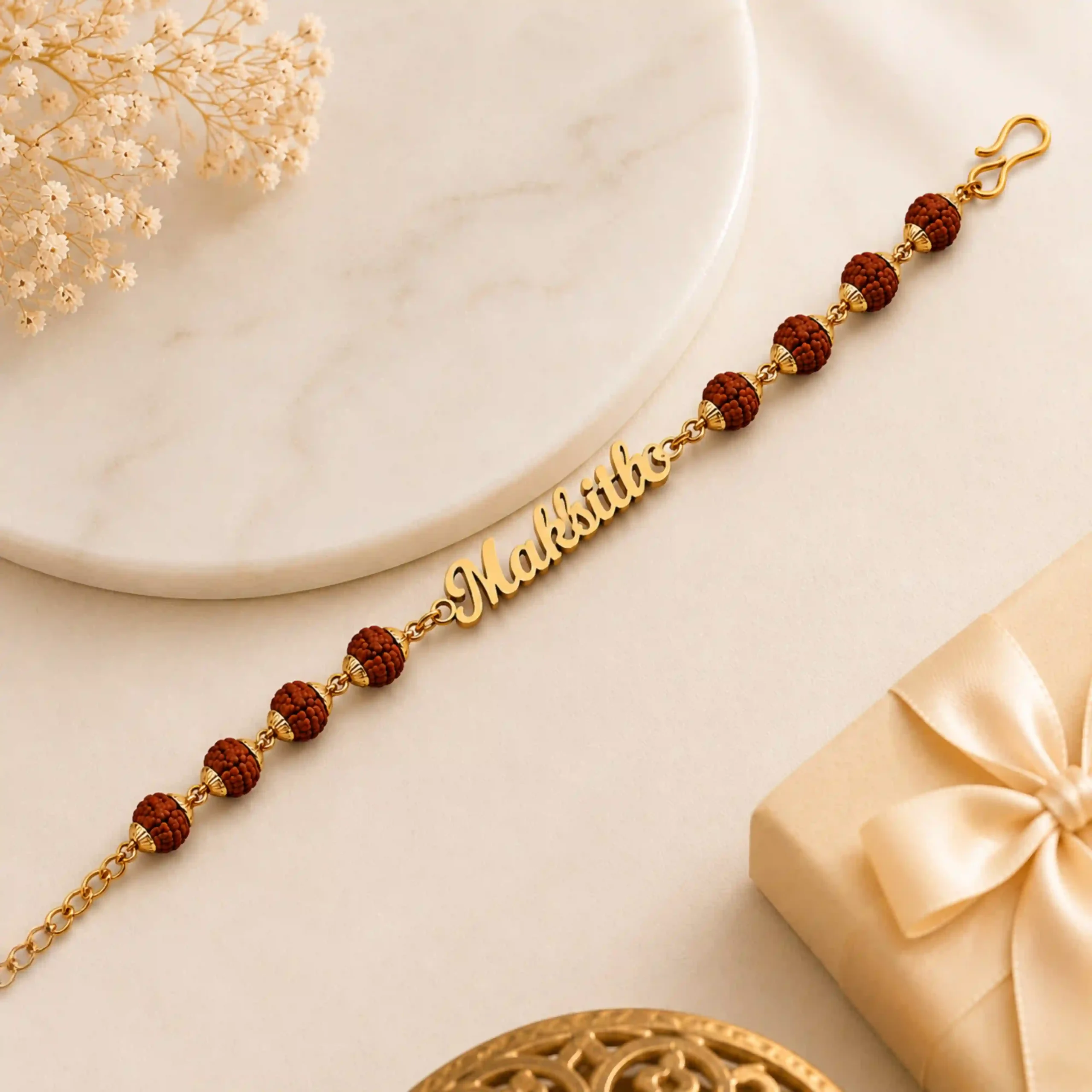 PIJERA Personalized Rudraksha Name Rakhi in Gold Plated Stainless Steel with Natural Rudraksha Beads