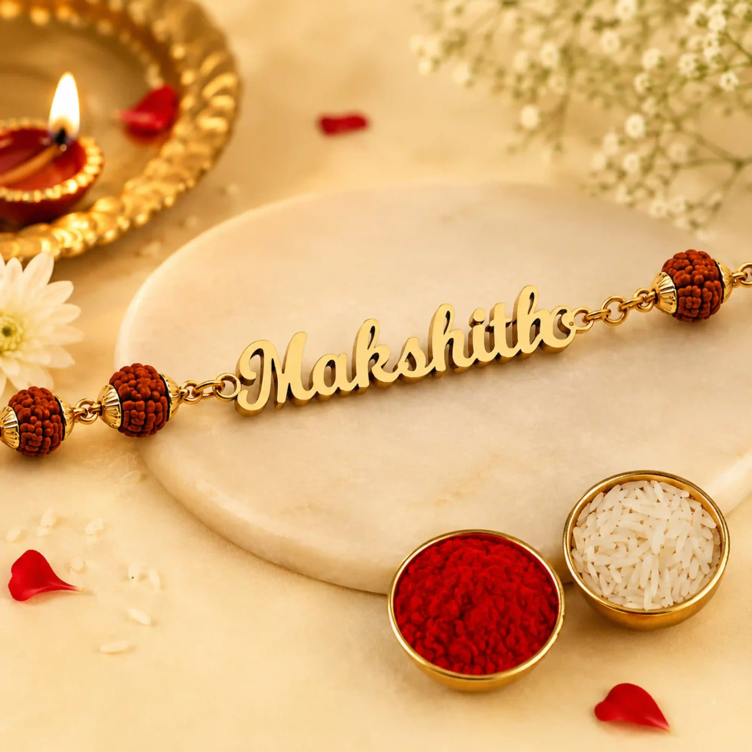 PIJERA Personalized Rudraksha Name Rakhi for Brother in Gold Plated Stainless Steel with Natural Rudraksha Beads