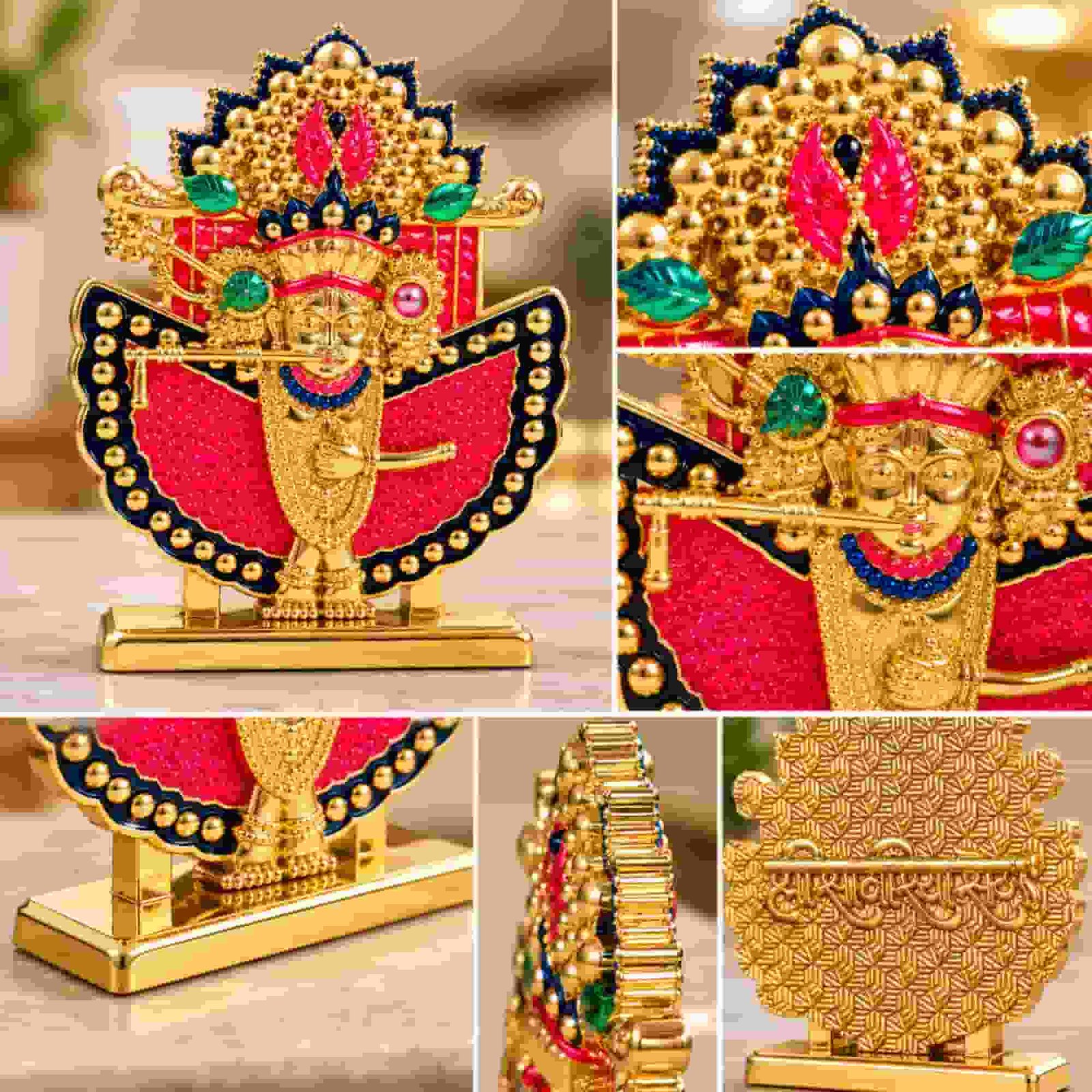 Close-up details of the Shri Sanwaliya Seth idol showing its ornate golden crown, red panels, colorful accents, side profile, and textured back.