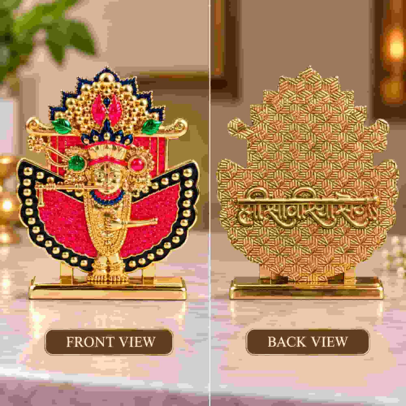 Shri Sanwaliya Seth idol front and back view showing its red and gold design, ornate crown, and textured golden reverse.