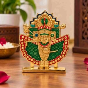 Shri Sanwaliya Seth white metal idol with golden finish, ornate crown, flute, and green red detailing for devotional display