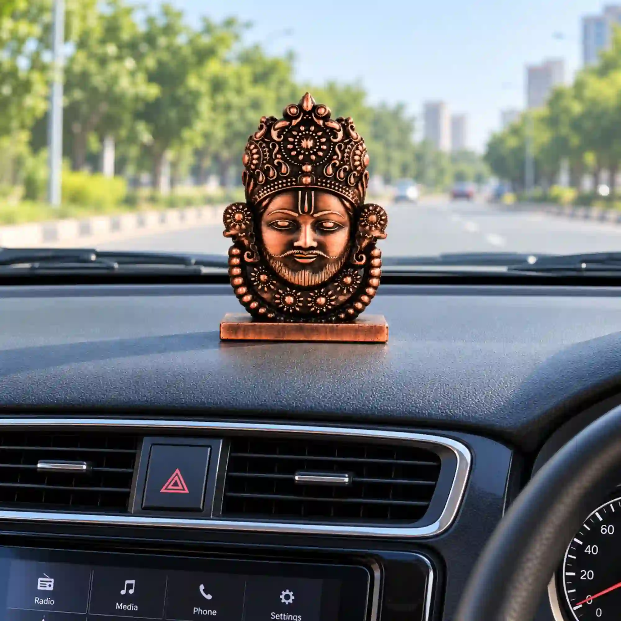 Khatu Shyam Ji idol for car dashboard with detailed antique finish and stable base