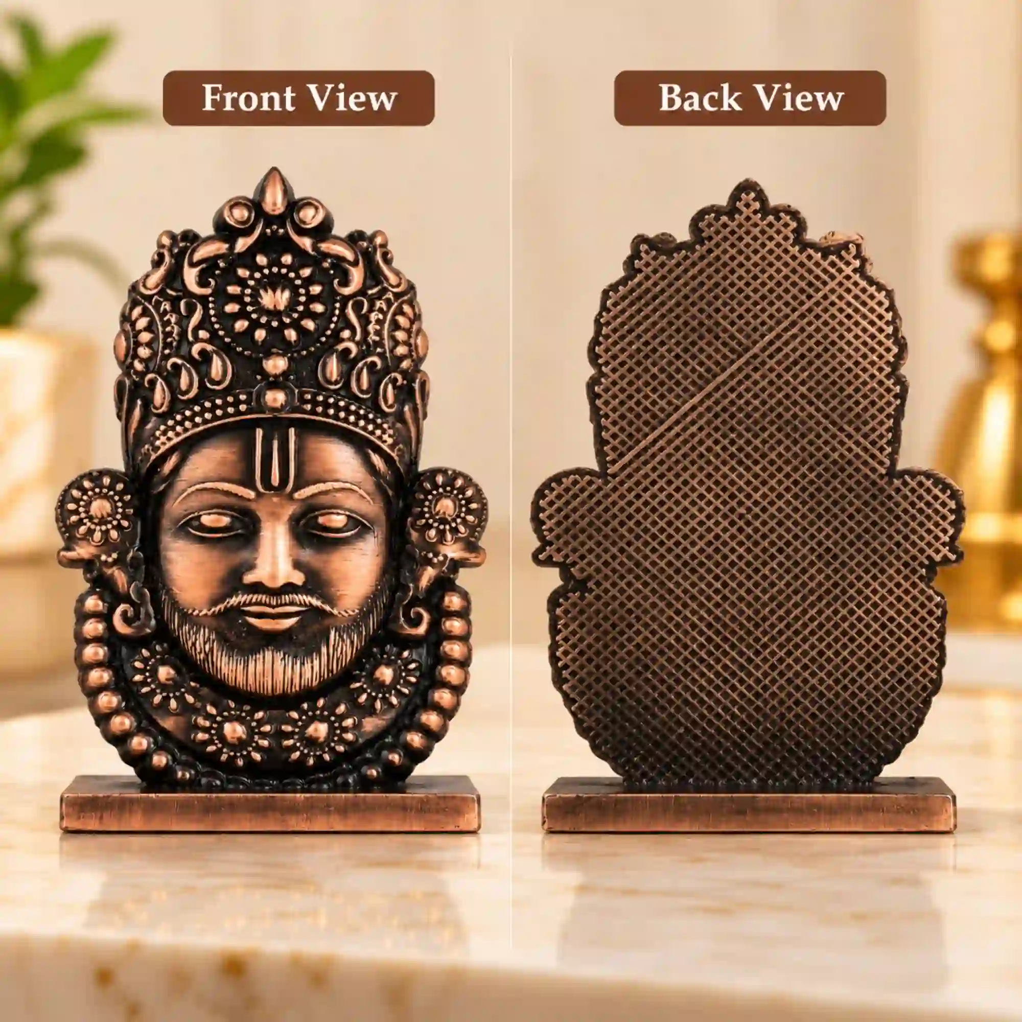 Khatu Shyam Ji murti front and back view with intricate design and antique finish