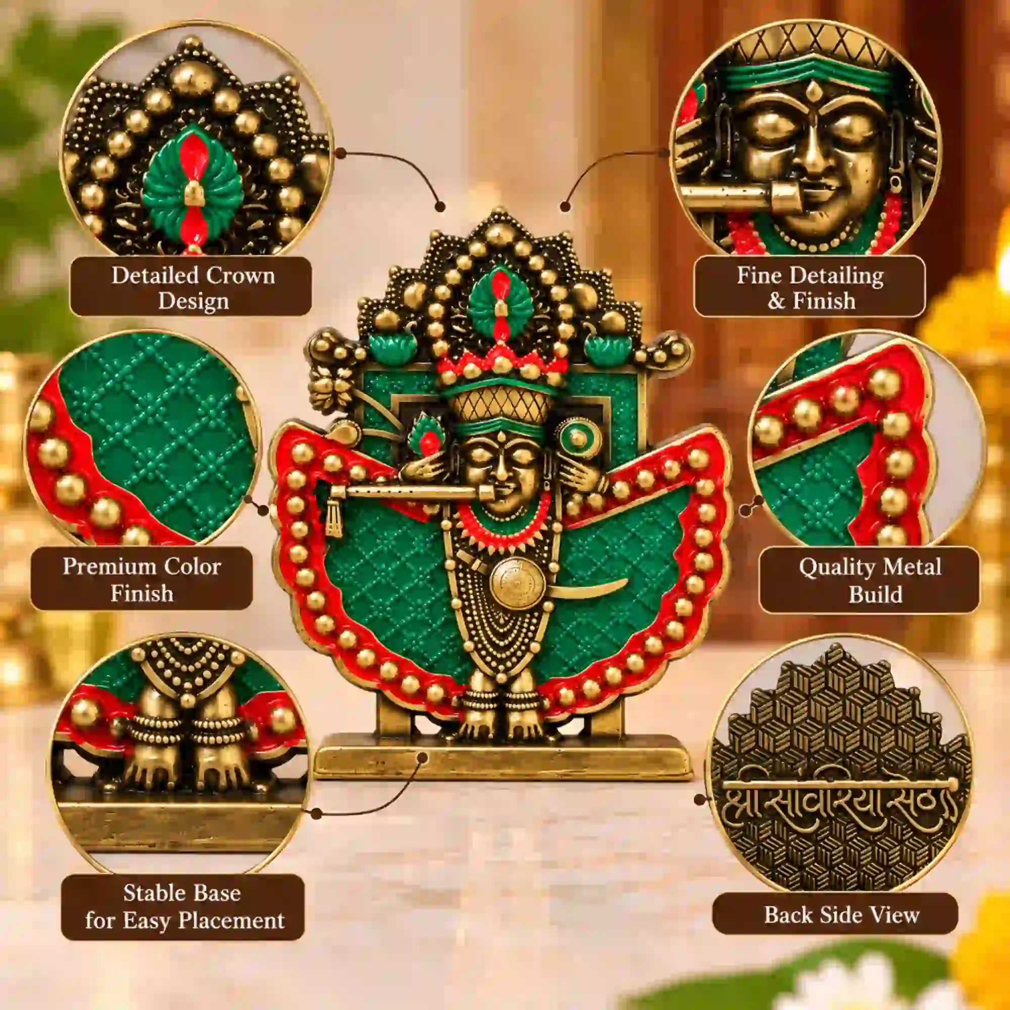 Shri Sanwaliya Seth idol in antique brass finish showing ornate crown, flute, green and red detailing, metal base and patterned back
